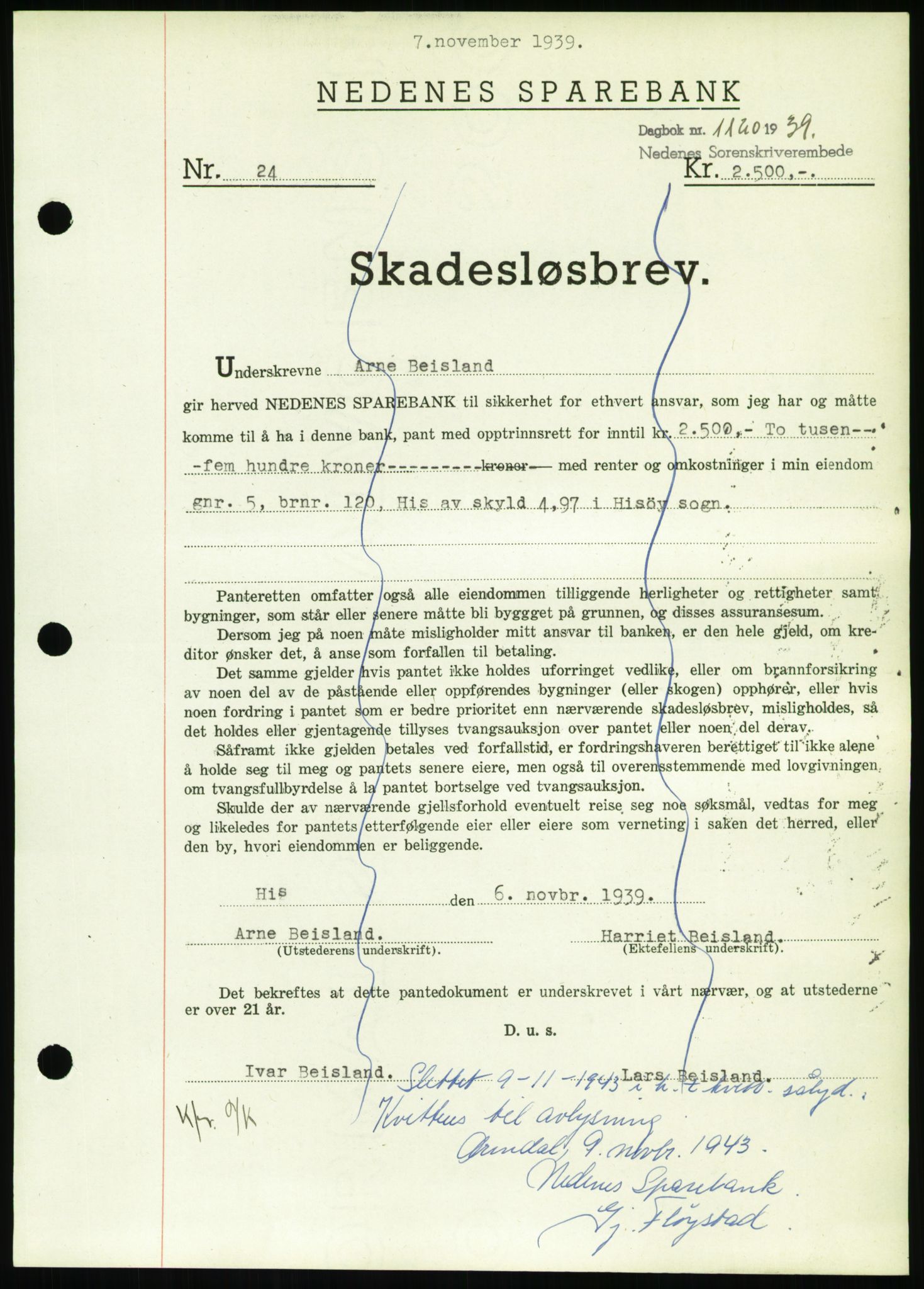 Nedenes sorenskriveri, SAK/1221-0006/G/Gb/Gbb/L0001: Pantebok nr. I, 1939-1942, Dagboknr: 1120/1939