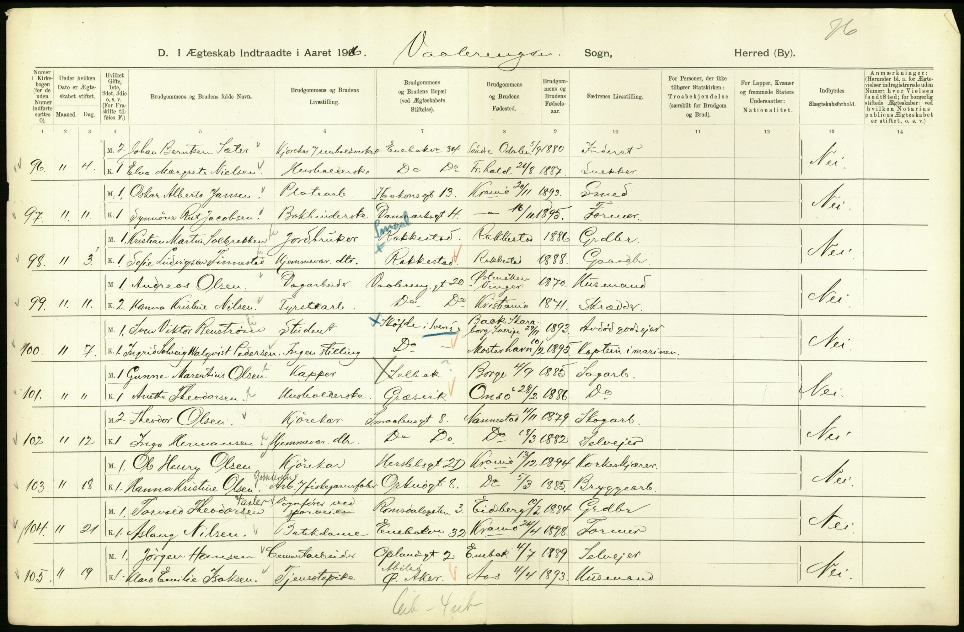 Statistisk sentralbyrå, Sosiodemografiske emner, Befolkning, RA/S-2228/D/Df/Dfb/Dfbf/L0008: Kristiania: Gifte, 1916, s. 816