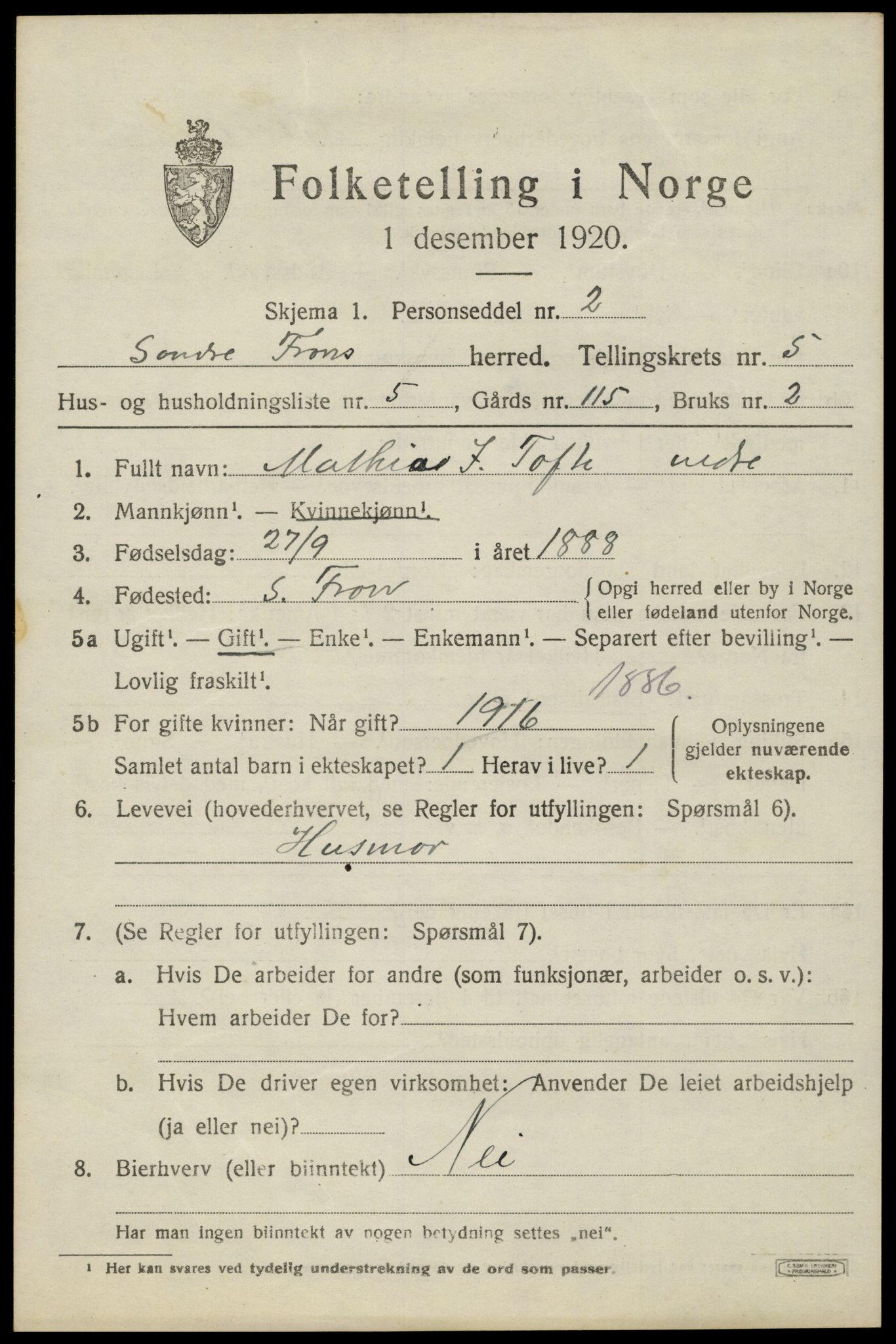 SAH, Folketelling 1920 for 0519 Sør-Fron herred, 1920, s. 6005