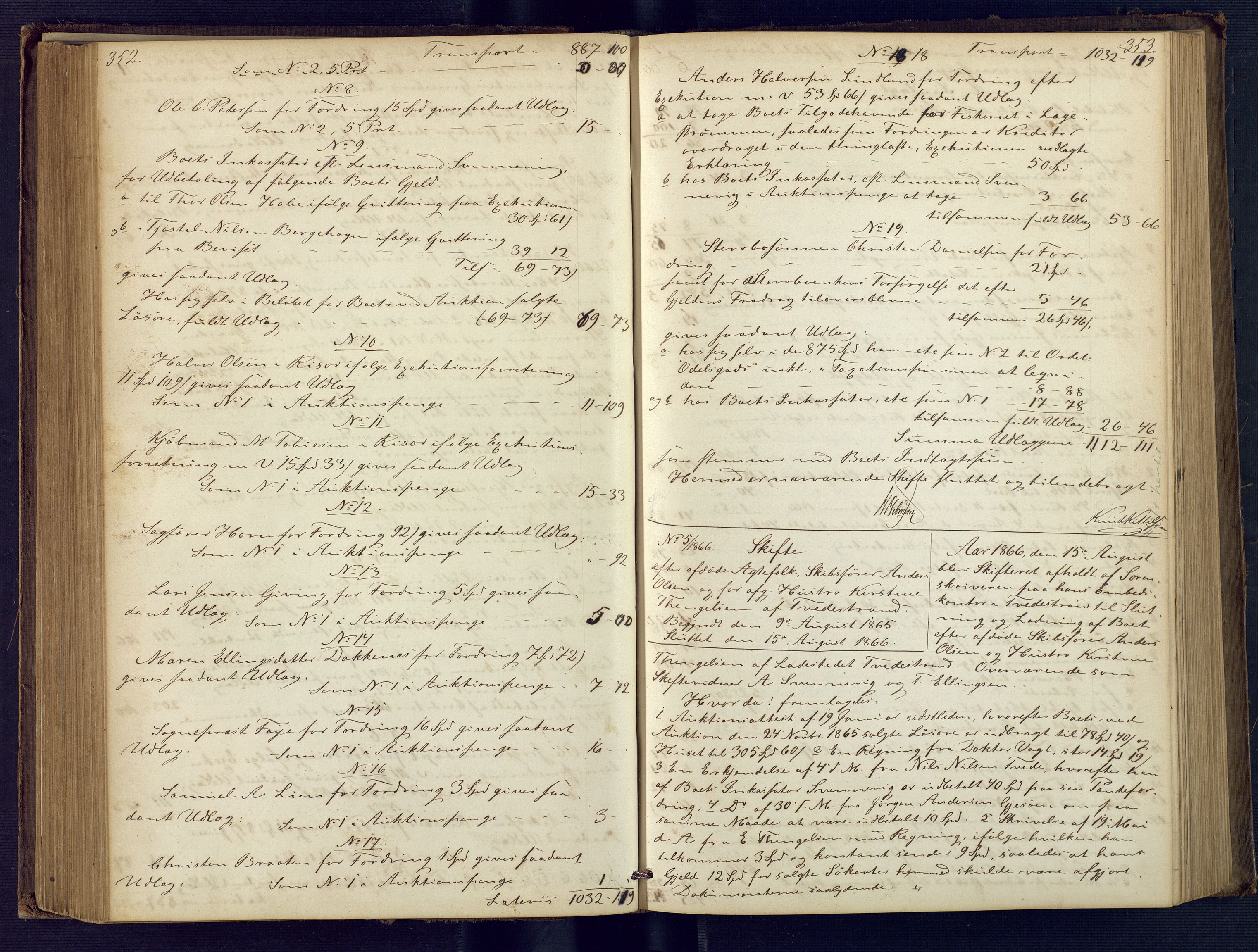 Holt sorenskriveri, AV/SAK-1221-0002/H/Hc/L0030: Skifteutlodningsprotokoll nr. 5, 1863-1869, s. 352-353