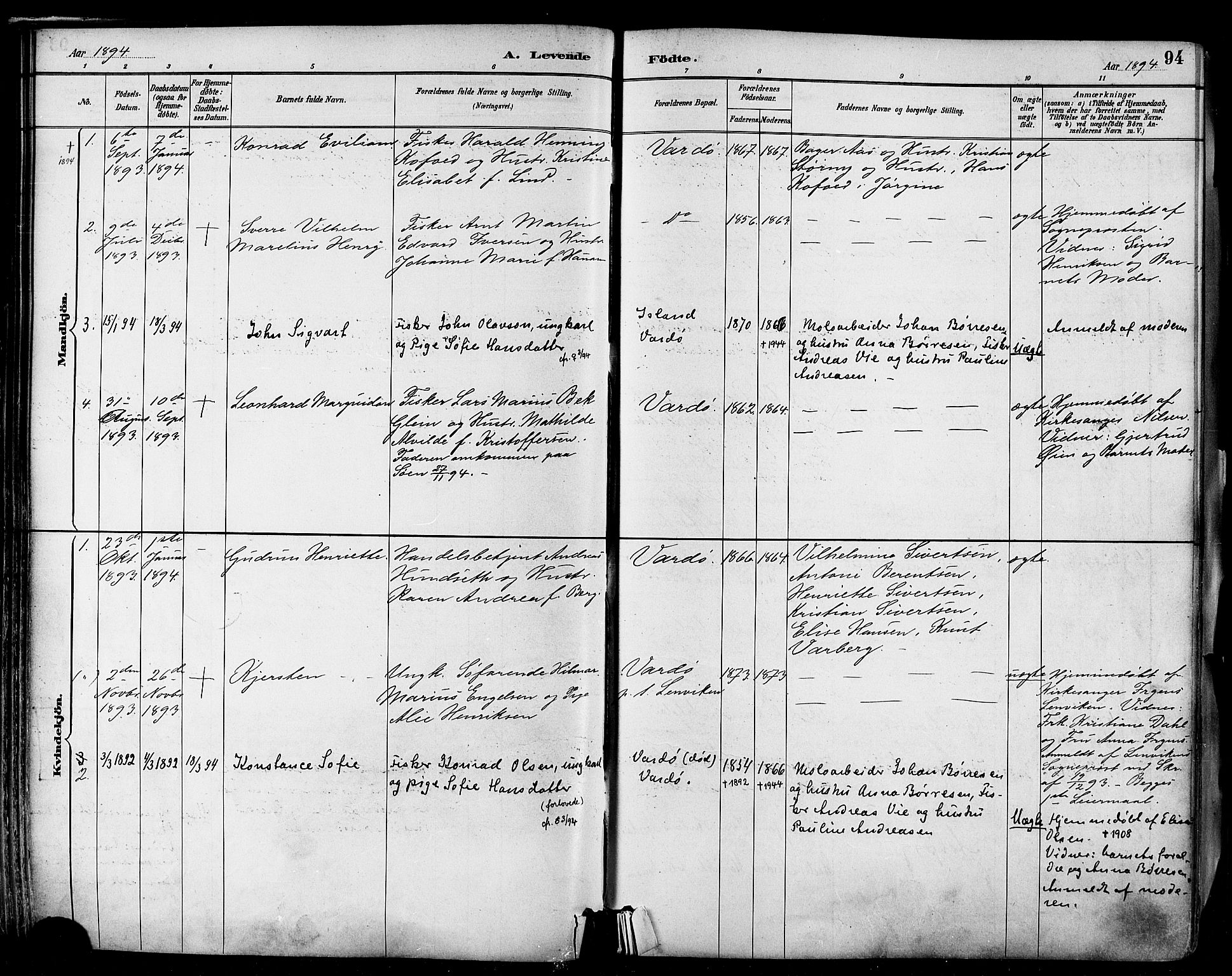 Vardø sokneprestkontor, AV/SATØ-S-1332/H/Ha/L0007kirke: Ministerialbok nr. 7, 1886-1897, s. 94