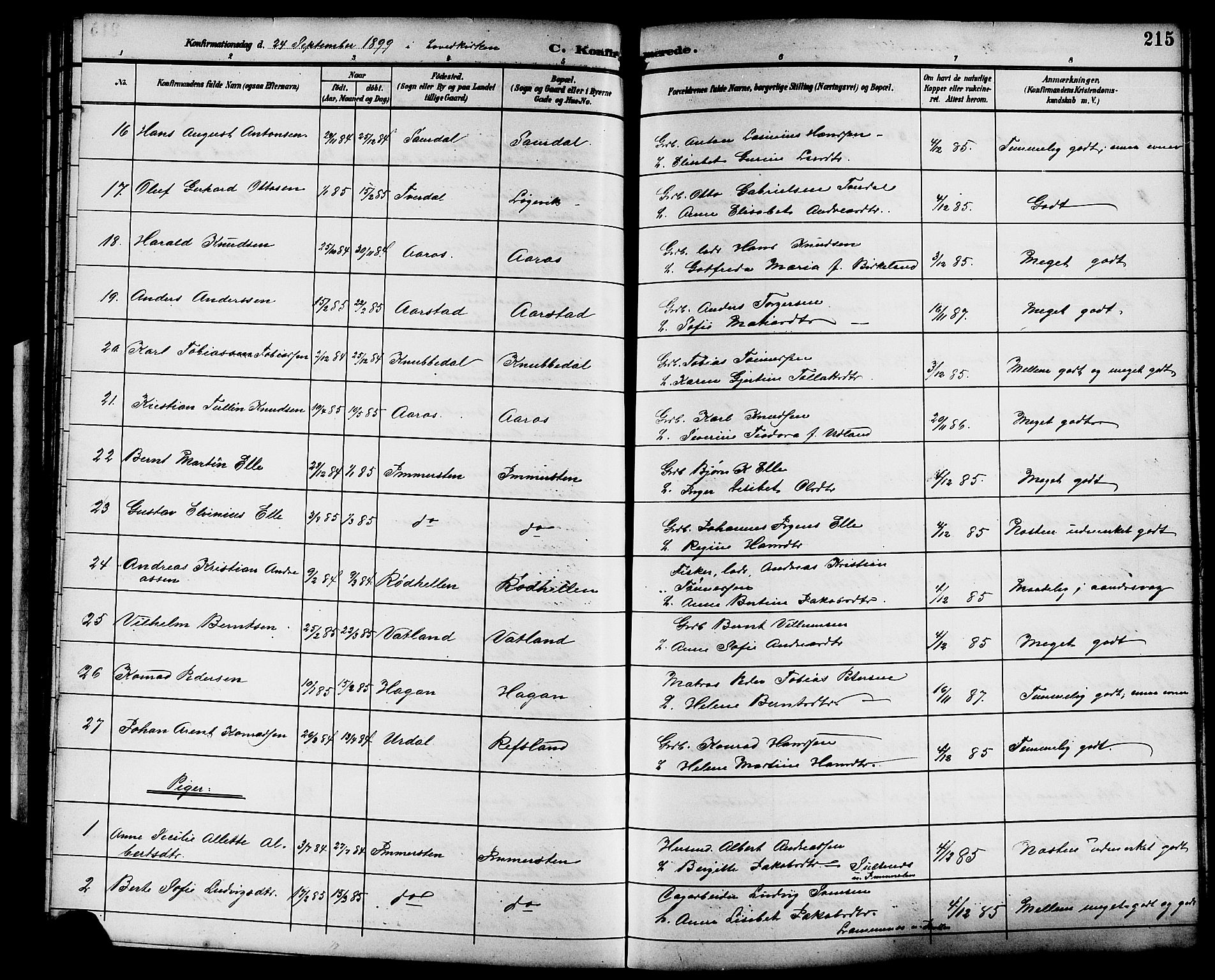 Sokndal sokneprestkontor, AV/SAST-A-101808: Klokkerbok nr. B 6, 1892-1907, s. 215