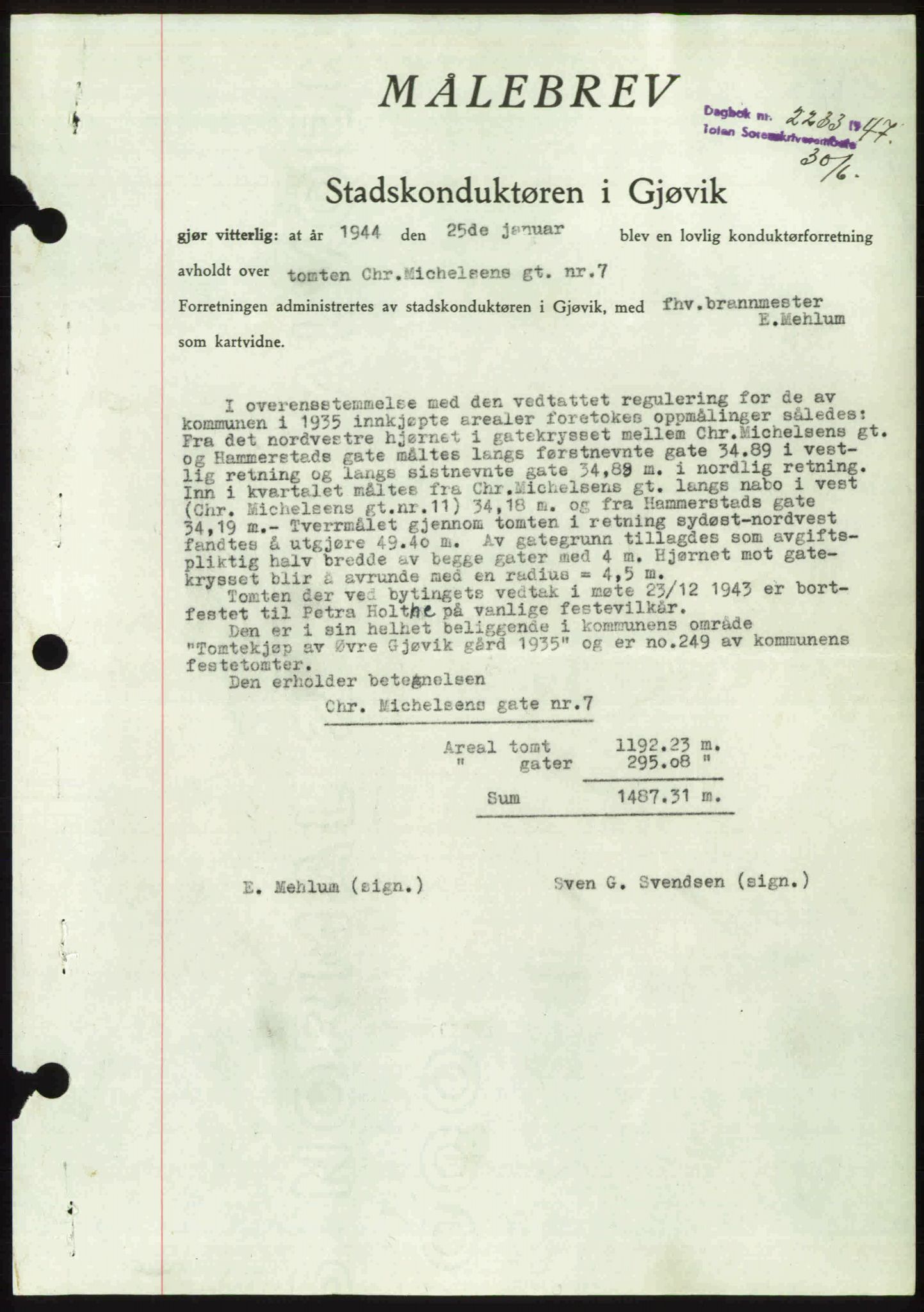 Toten tingrett, AV/SAH-TING-006/H/Hb/Hbc/L0017: Pantebok nr. Hbc-17, 1947-1947, Dagboknr: 2233/1947