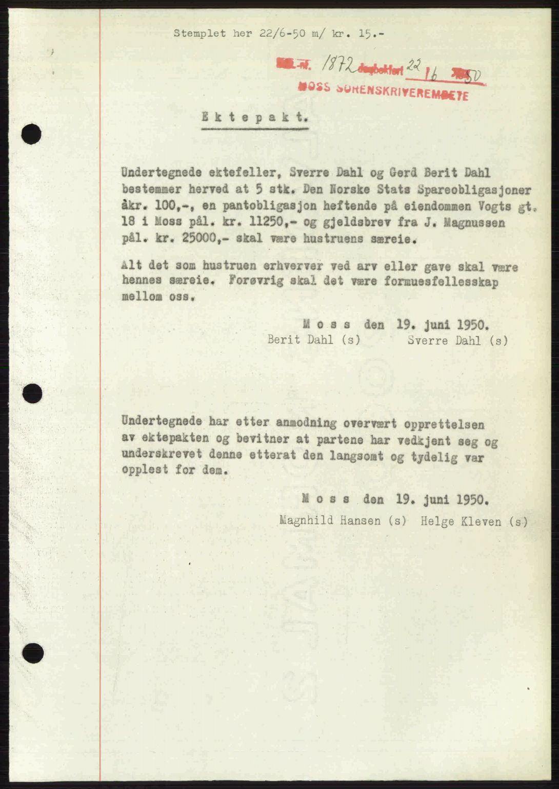 Moss sorenskriveri, SAO/A-10168: Pantebok nr. A26, 1950-1950, Dagboknr: 1872/1950