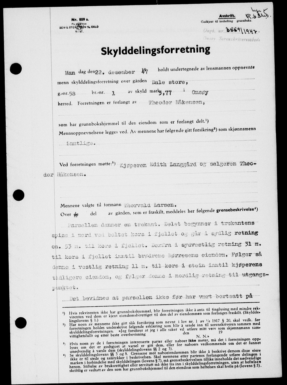 Onsøy sorenskriveri, SAO/A-10474/G/Ga/Gab/L0022: Pantebok nr. II A-22, 1947-1948, Dagboknr: 3559/1947