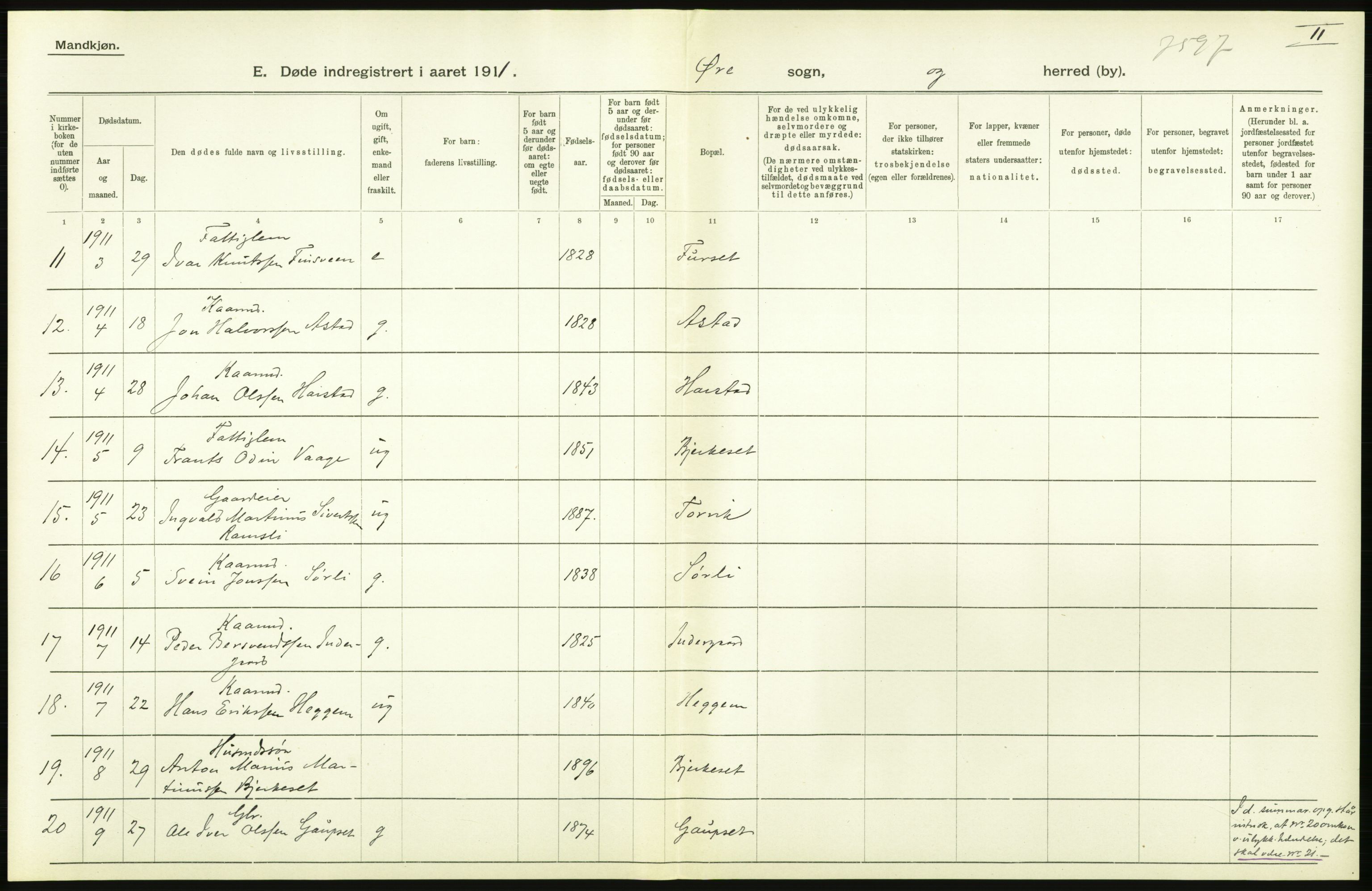 Statistisk sentralbyrå, Sosiodemografiske emner, Befolkning, AV/RA-S-2228/D/Df/Dfb/Dfba/L0038: Romsdals amt:  Døde. Bygder og byer., 1911, s. 28