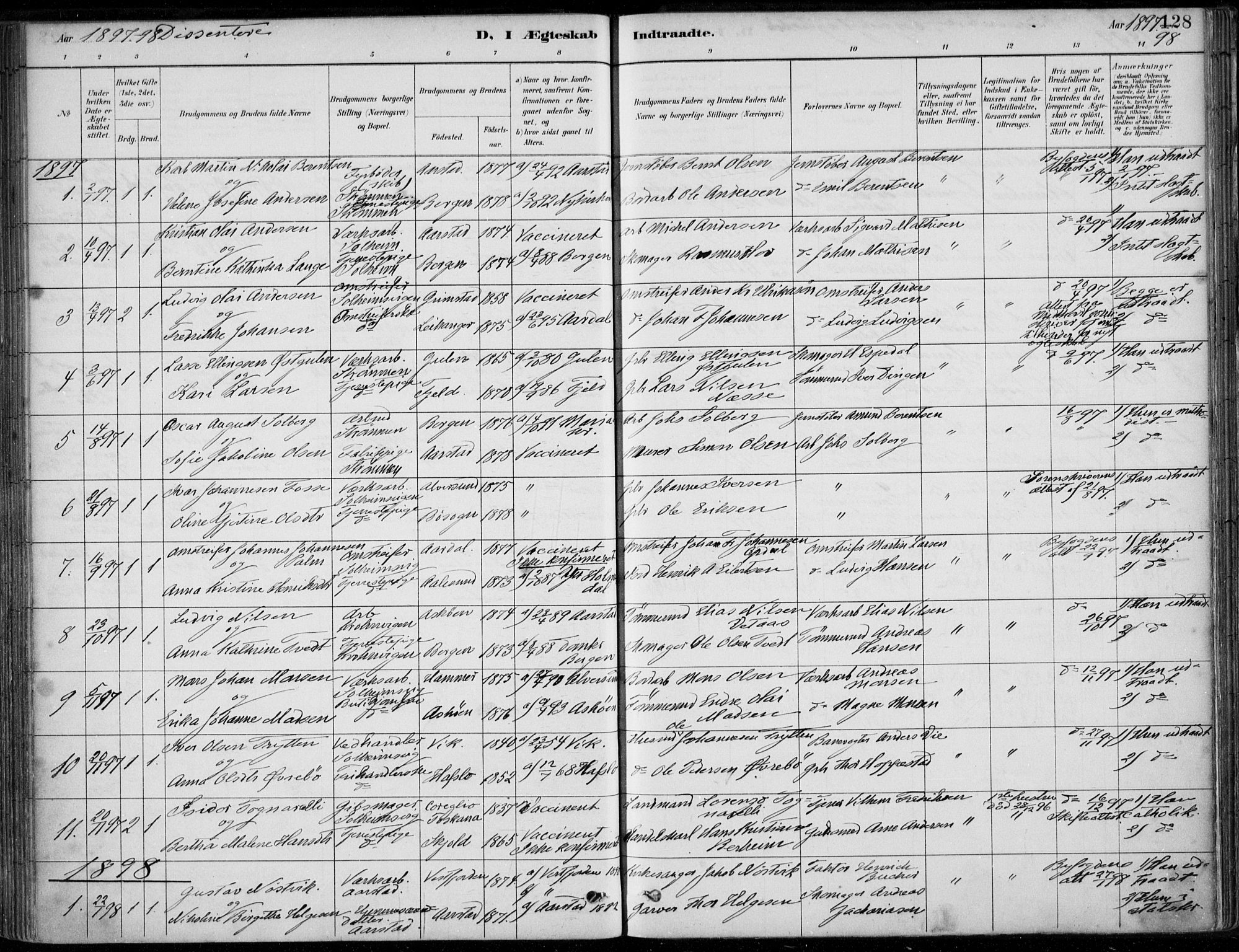 Årstad Sokneprestembete, AV/SAB-A-79301/H/Haa/L0006: Ministerialbok nr. B 1, 1886-1901, s. 128