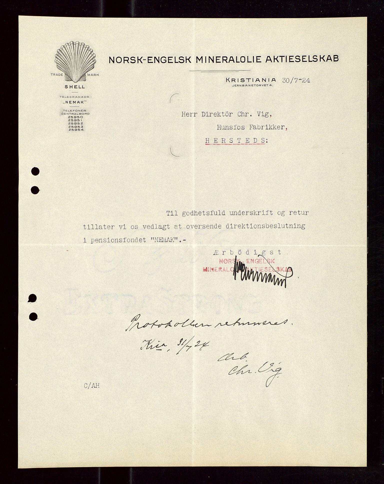 Pa 1521 - A/S Norske Shell, AV/SAST-A-101915/E/Ea/Eaa/L0013: Sjefskorrespondanse, 1924, s. 722