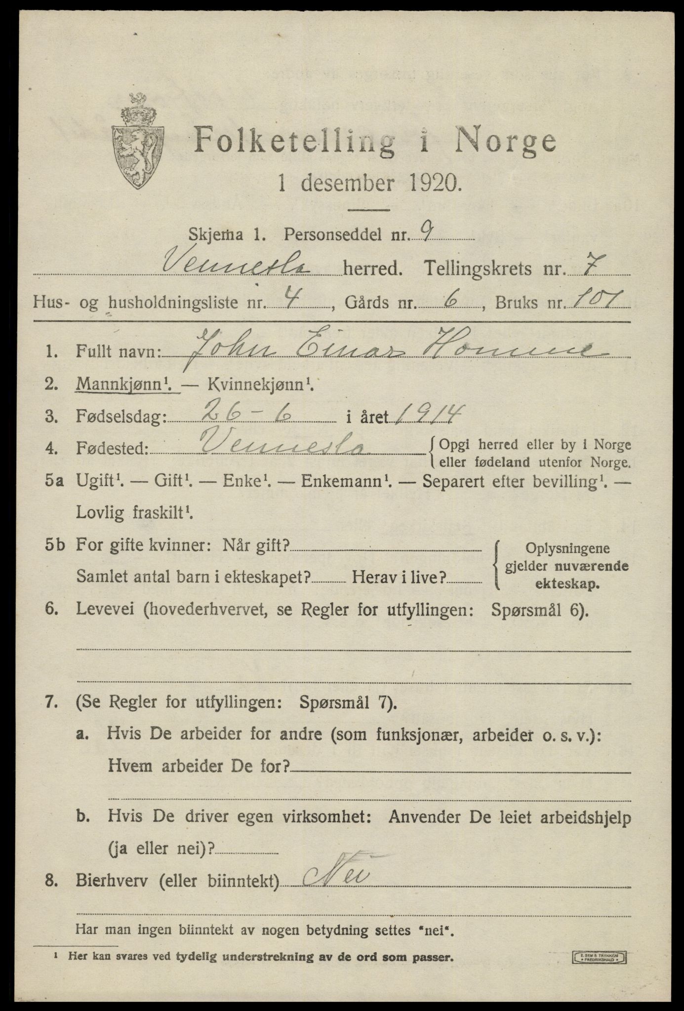 SAK, Folketelling 1920 for 1014 Vennesla herred, 1920, s. 4792