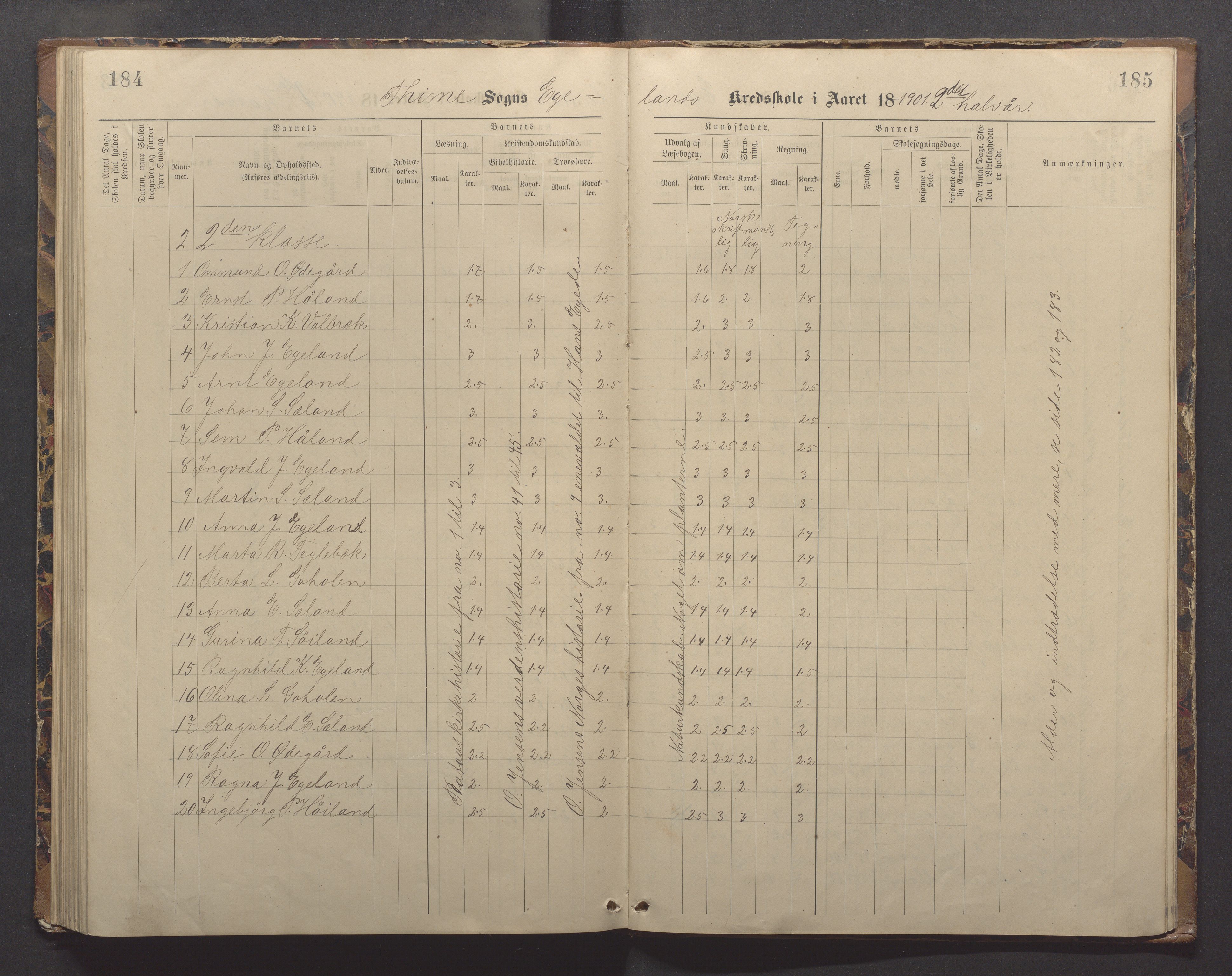 Time kommune - Eikeland skole, IKAR/K-100799/H/L0002: Skoleprotokoll, 1888-1902, s. 184-185