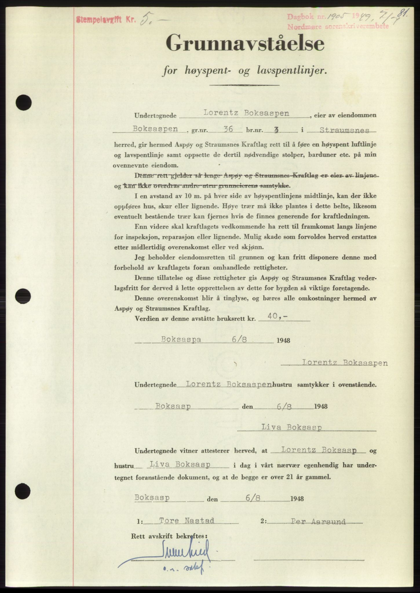 Nordmøre sorenskriveri, SAT/A-4132/1/2/2Ca: Pantebok nr. B102, 1949-1949, Dagboknr: 1905/1949