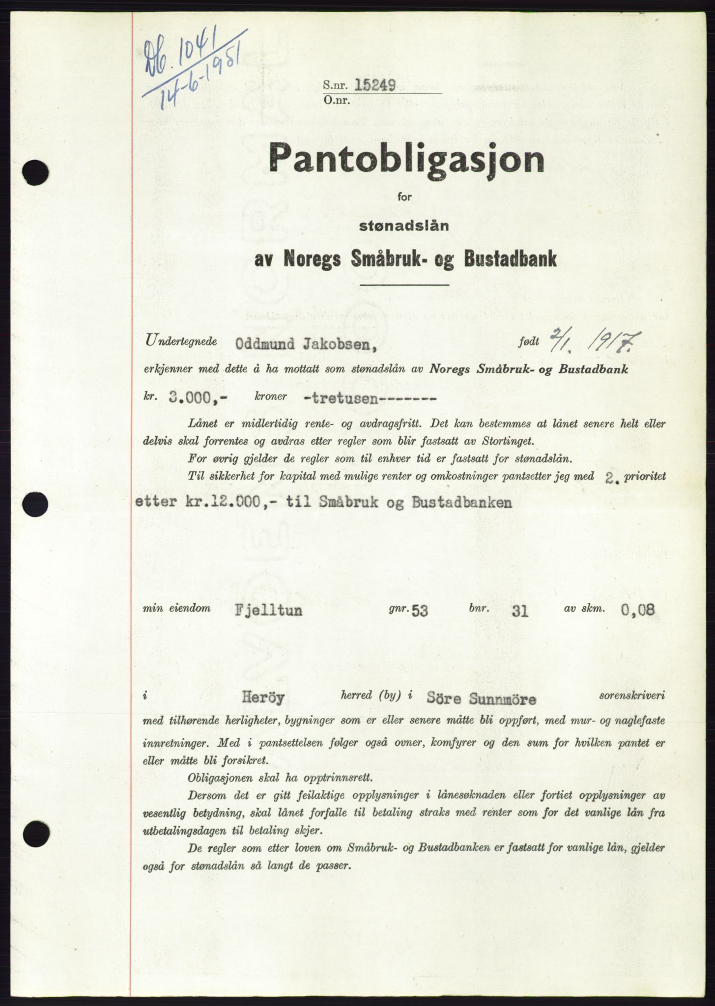 Søre Sunnmøre sorenskriveri, SAT/A-4122/1/2/2C/L0120: Pantebok nr. 8B, 1951-1951, Dagboknr: 1041/1951