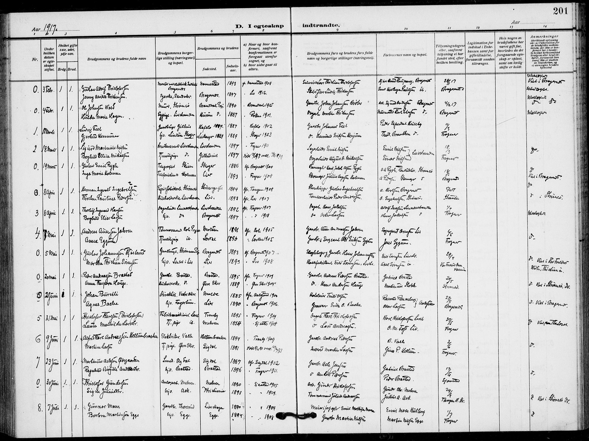 Lier kirkebøker, AV/SAKO-A-230/F/Fa/L0018: Ministerialbok nr. I 18, 1909-1917, s. 201