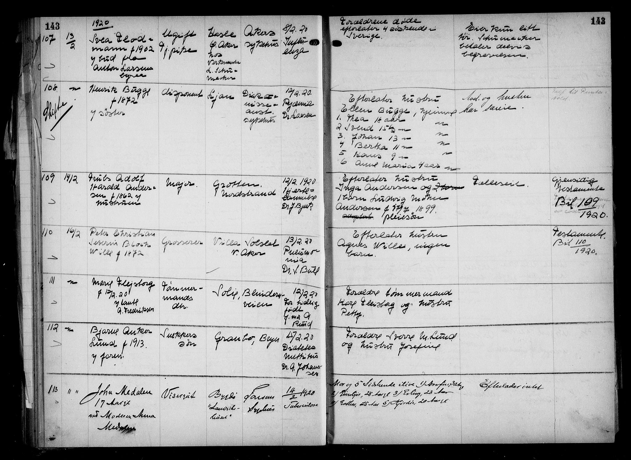 Aker kriminaldommer, skifte- og auksjonsforvalterembete, AV/SAO-A-10452/H/Hb/Hba/Hbaa/L0005: Dødsfallsprotokoll, 1918-1922, s. 143