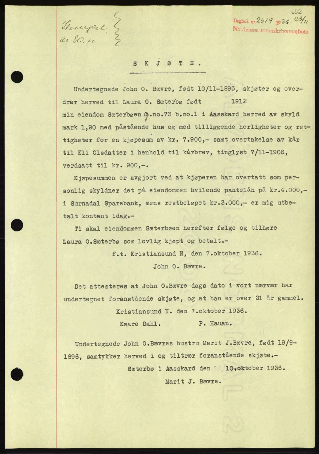Nordmøre sorenskriveri, SAT/A-4132/1/2/2Ca: Pantebok nr. A80, 1936-1937, Dagboknr: 2619/1936