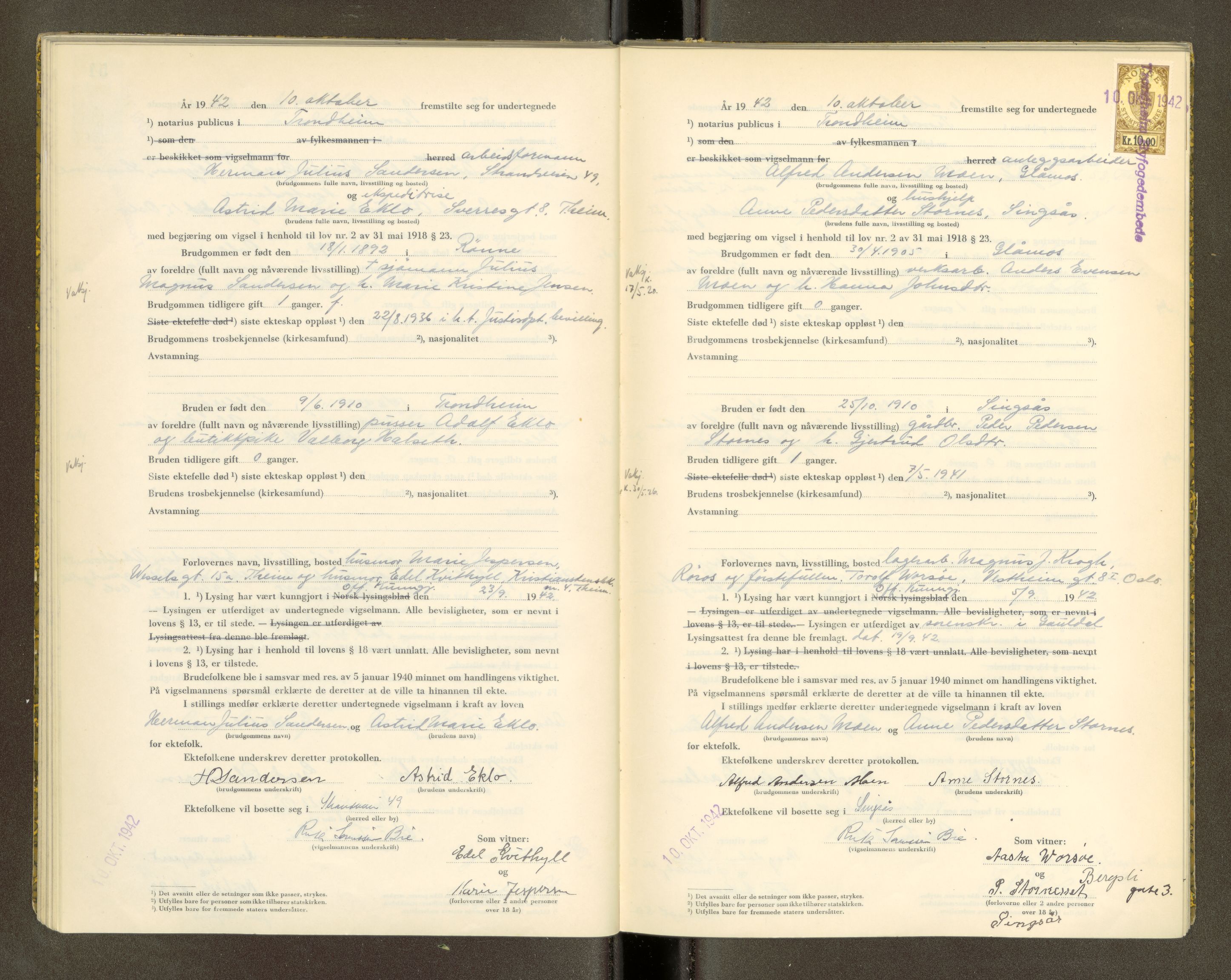 Trondheim byfogd, AV/SAT-A-0003/1/6/6D/L0003: Vigselbøker, 1942-1943, s. 55