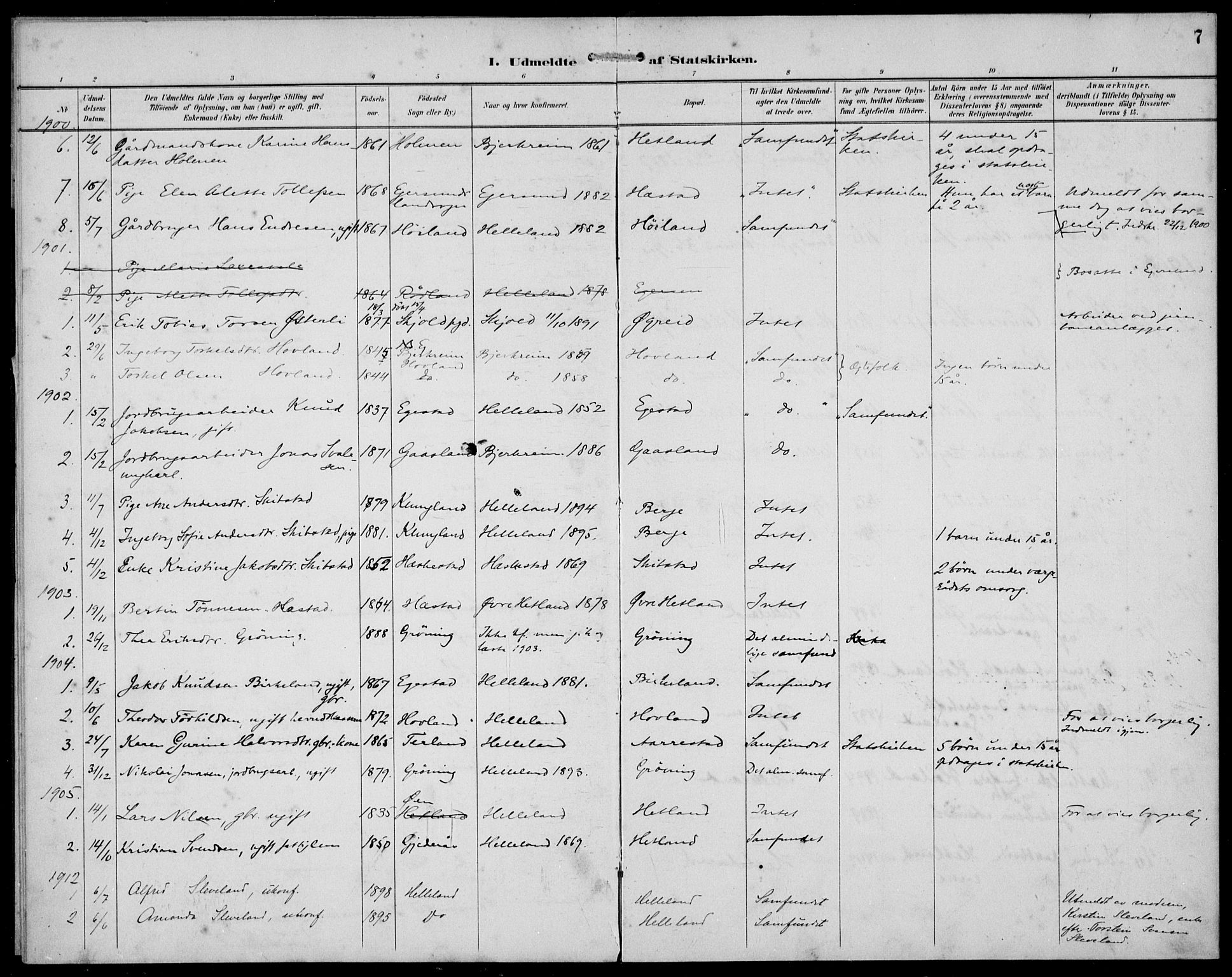 Helleland sokneprestkontor, AV/SAST-A-101810: Ministerialbok nr. A 10, 1892-1929, s. 7
