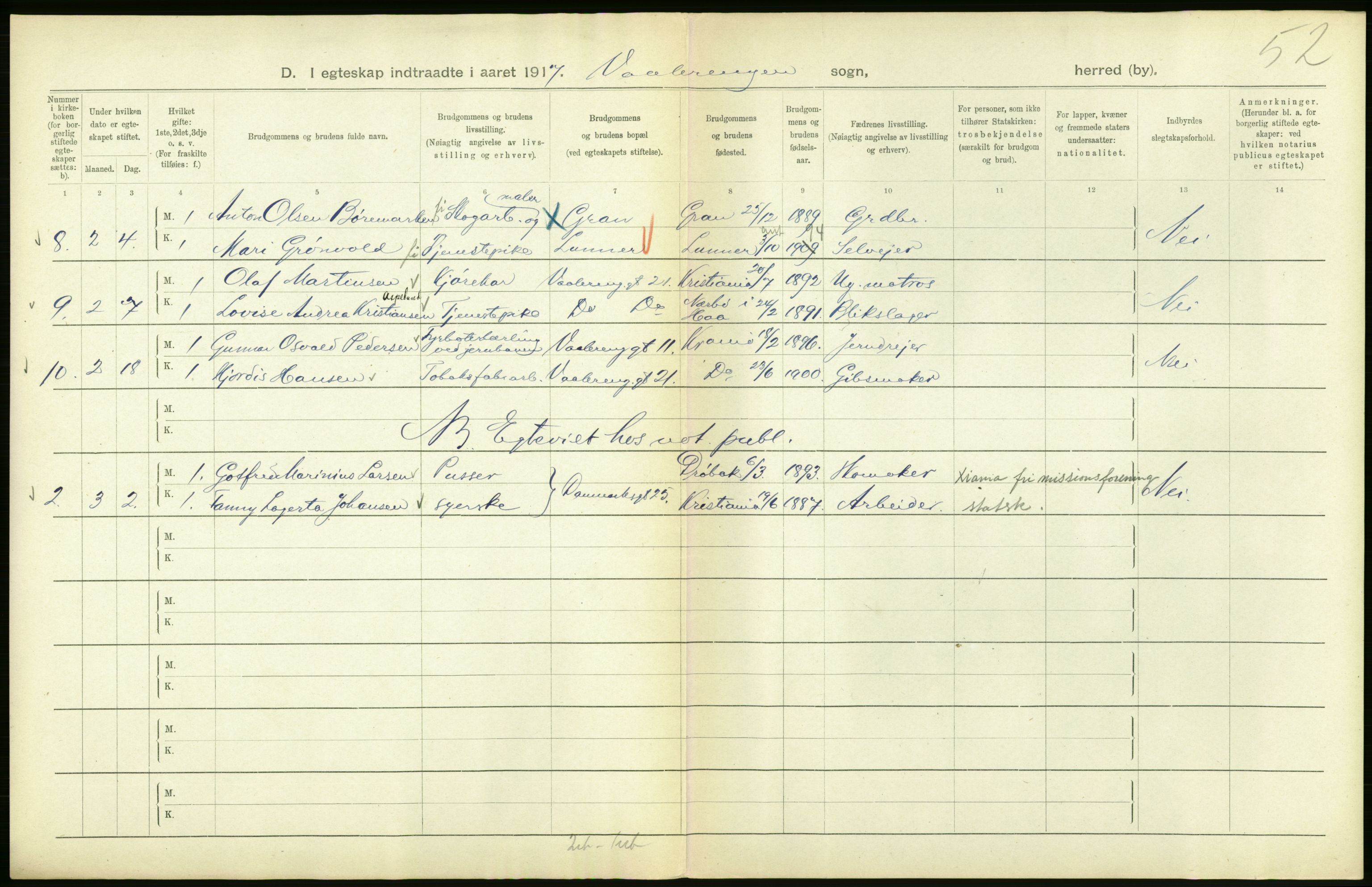 Statistisk sentralbyrå, Sosiodemografiske emner, Befolkning, AV/RA-S-2228/D/Df/Dfb/Dfbg/L0009: Kristiania: Gifte, 1917, s. 72