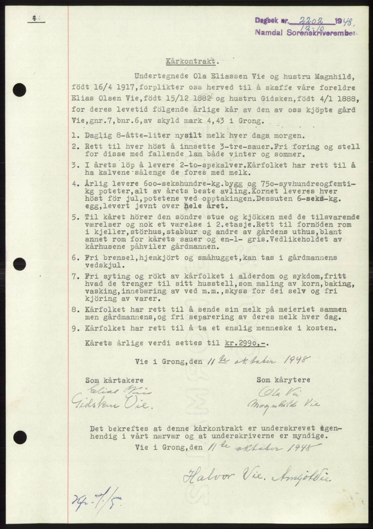 Namdal sorenskriveri, SAT/A-4133/1/2/2C: Pantebok nr. -, 1948-1948, Dagboknr: 2202/1948