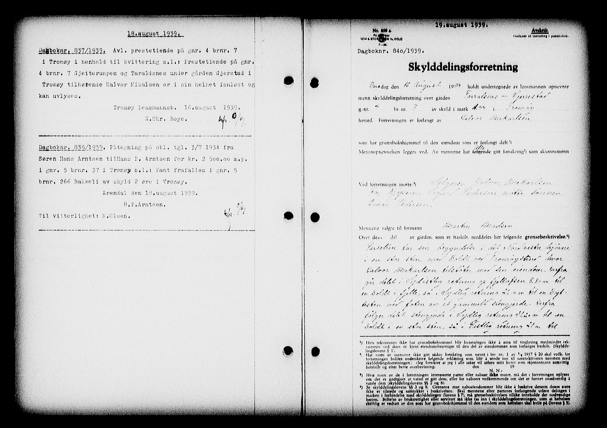 Nedenes sorenskriveri, AV/SAK-1221-0006/G/Gb/Gba/L0047: Pantebok nr. A-I, 1939-1940, Dagboknr: 840/1939