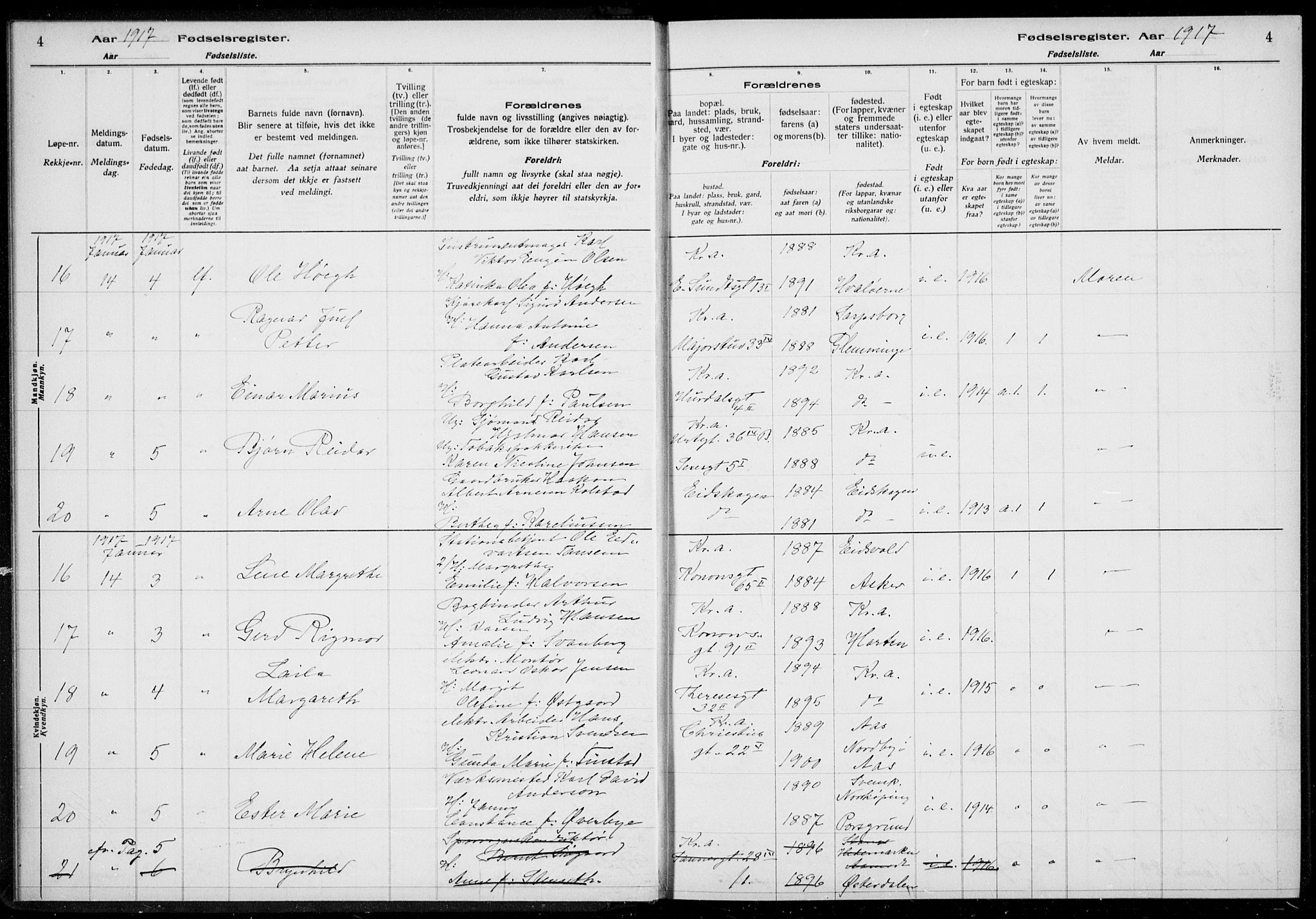 Rikshospitalet prestekontor Kirkebøker, AV/SAO-A-10309b/J/L0002: Fødselsregister nr. 2, 1917-1917, s. 4