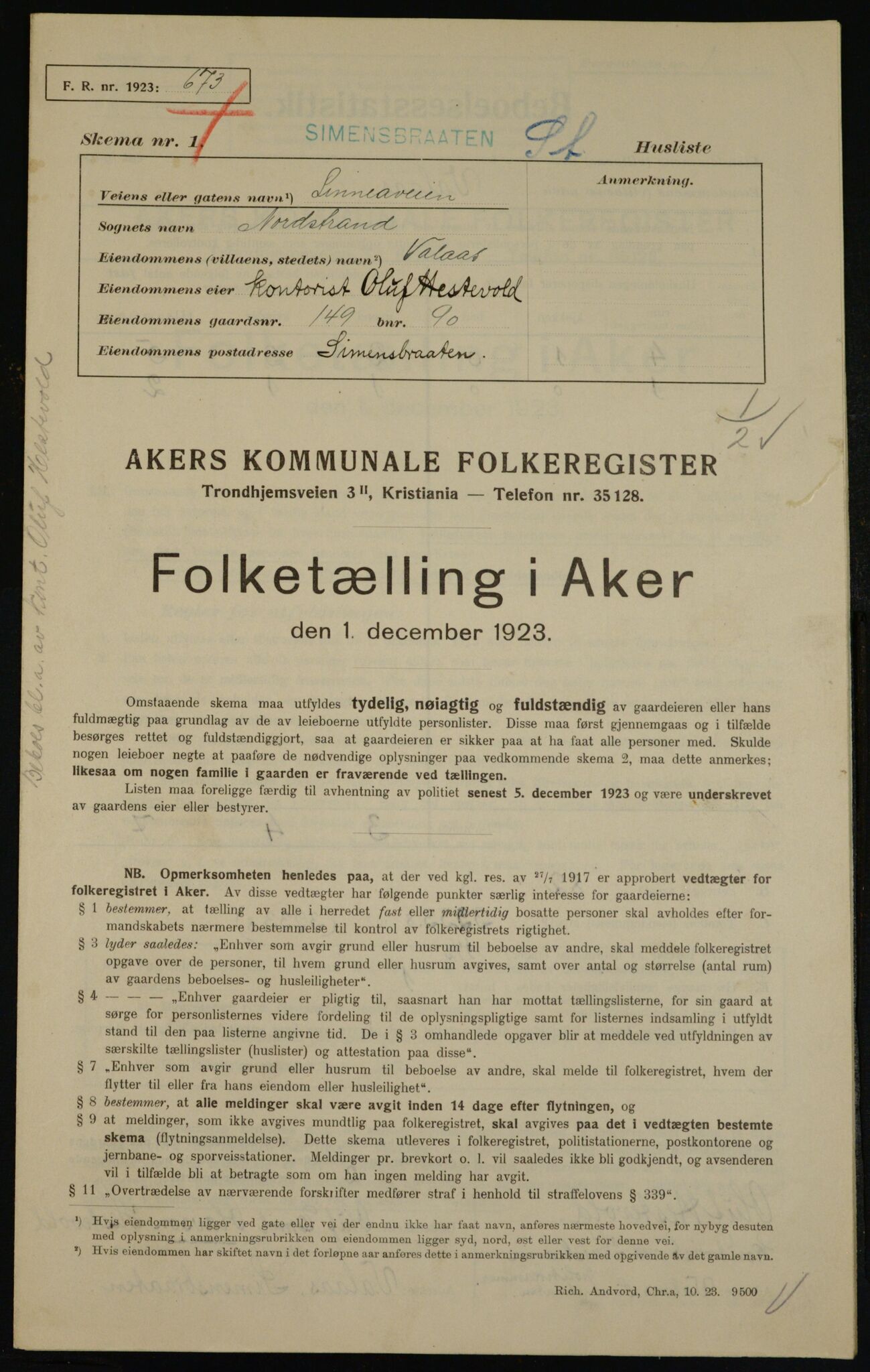 , Kommunal folketelling 1.12.1923 for Aker, 1923, s. 40749