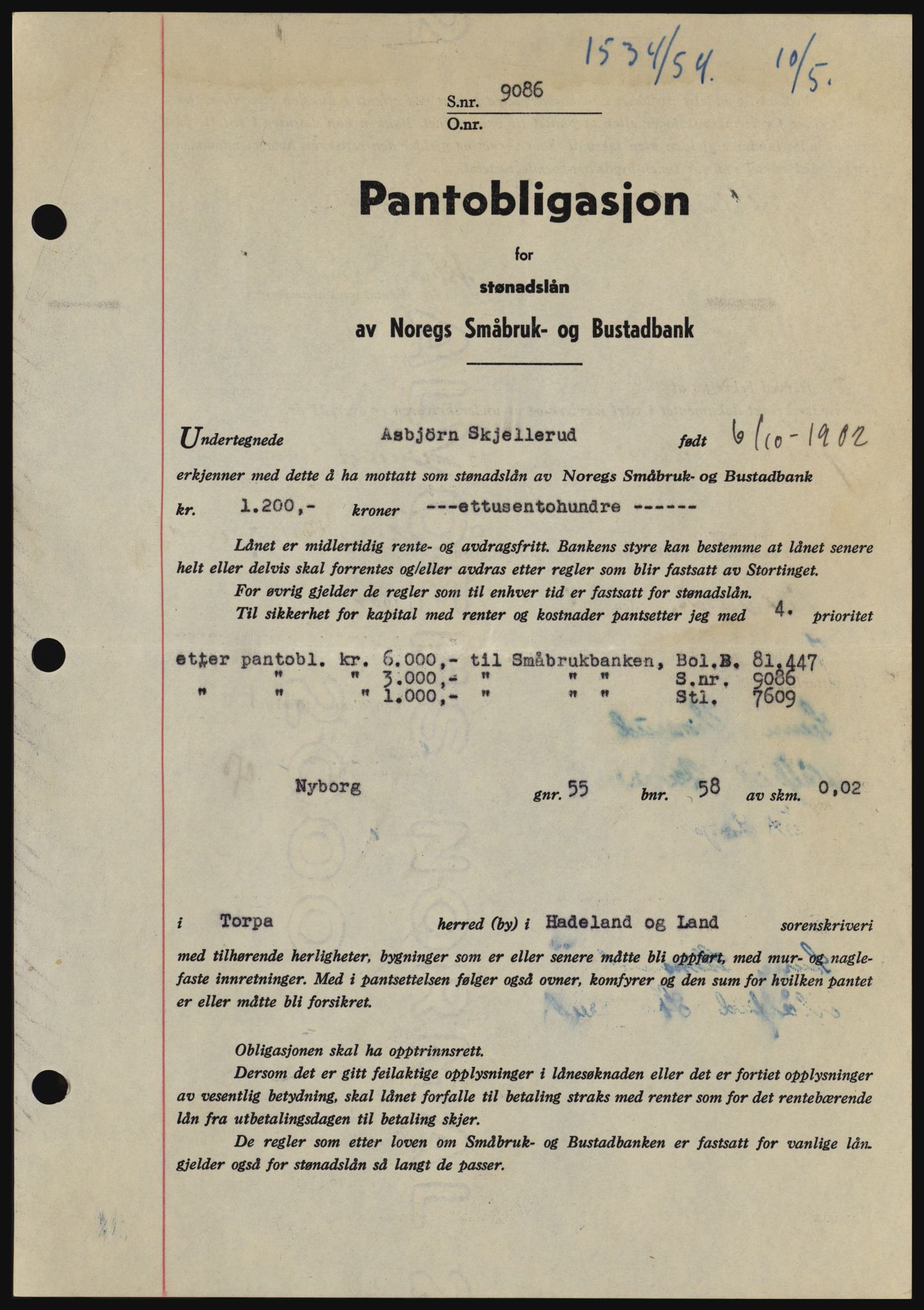 Hadeland og Land tingrett, SAH/TING-010/H/Hb/Hbc/L0029: Pantebok nr. B29, 1954-1954, Dagboknr: 1534/1954