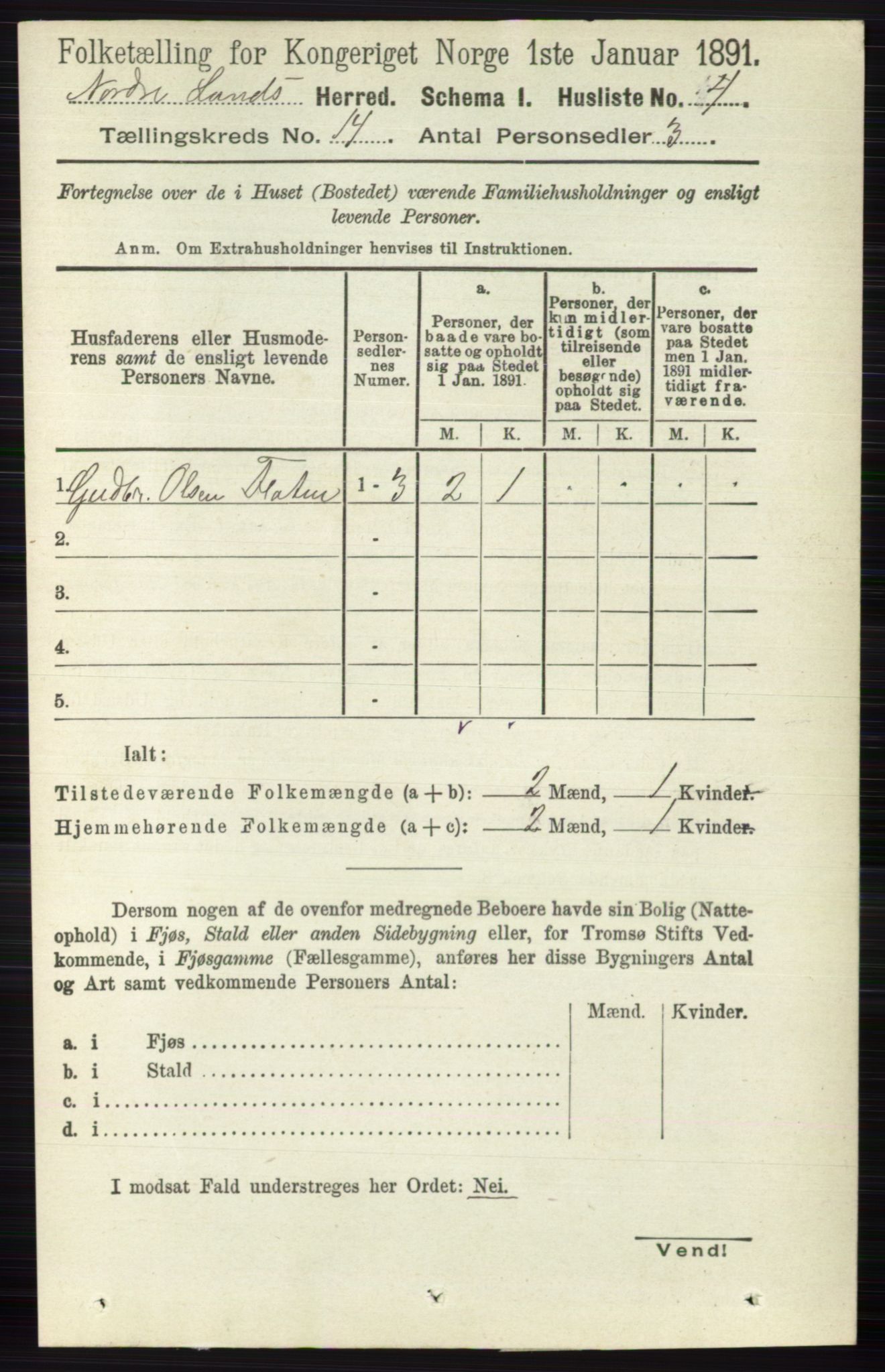 RA, Folketelling 1891 for 0538 Nordre Land herred, 1891, s. 3607