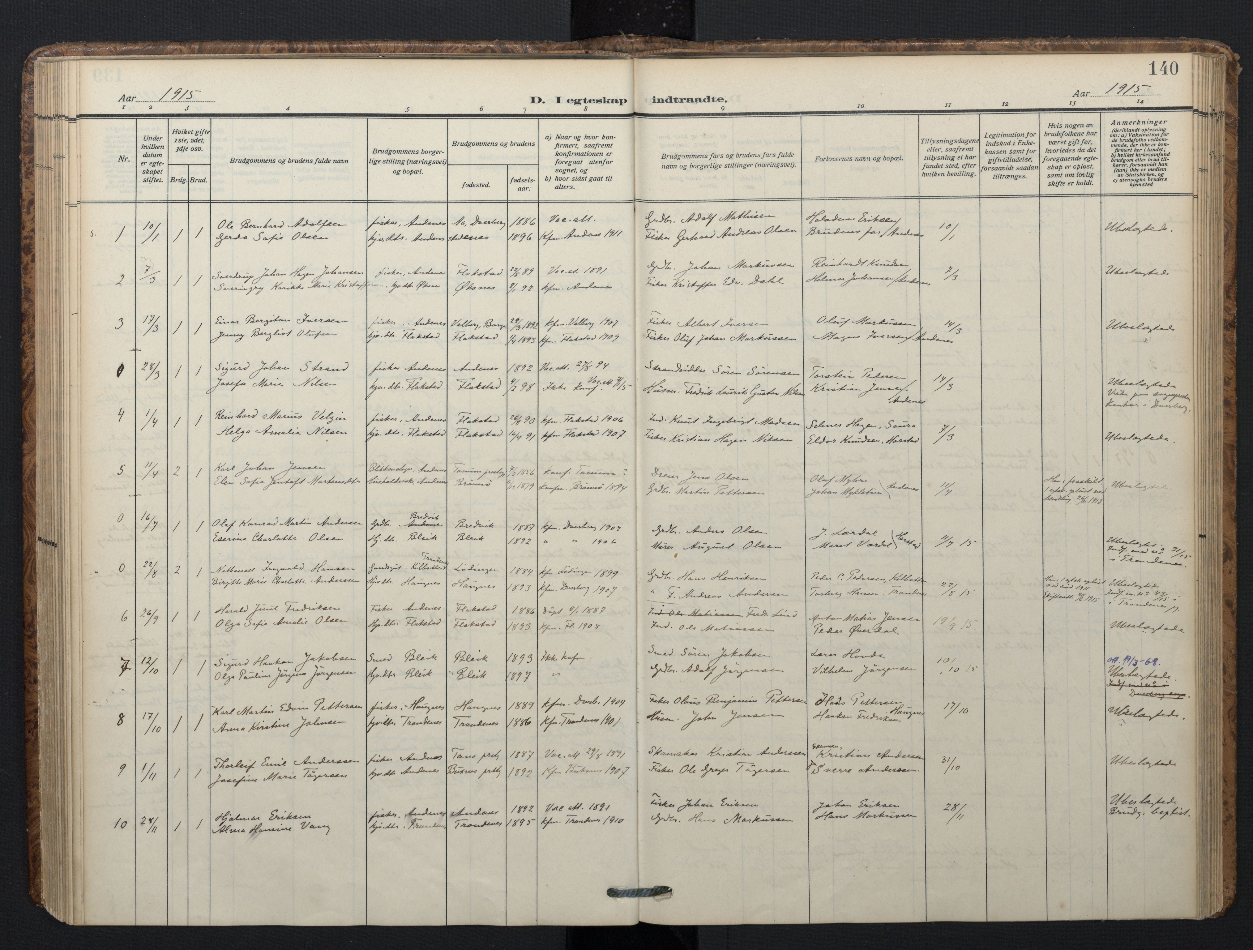 Ministerialprotokoller, klokkerbøker og fødselsregistre - Nordland, AV/SAT-A-1459/899/L1438: Ministerialbok nr. 899A06, 1909-1922, s. 140