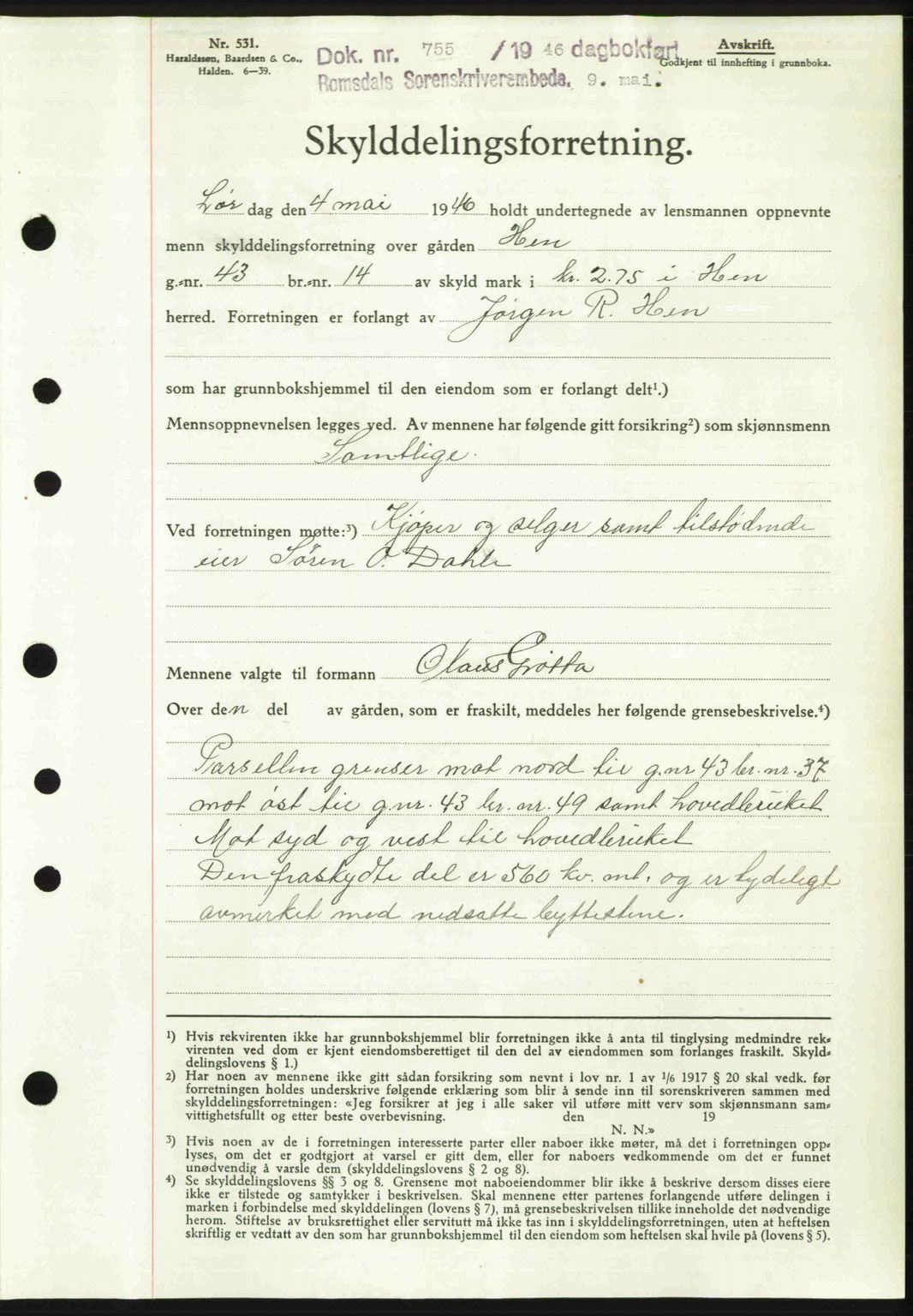 Romsdal sorenskriveri, SAT/A-4149/1/2/2C: Pantebok nr. A19, 1946-1946, Dagboknr: 755/1946