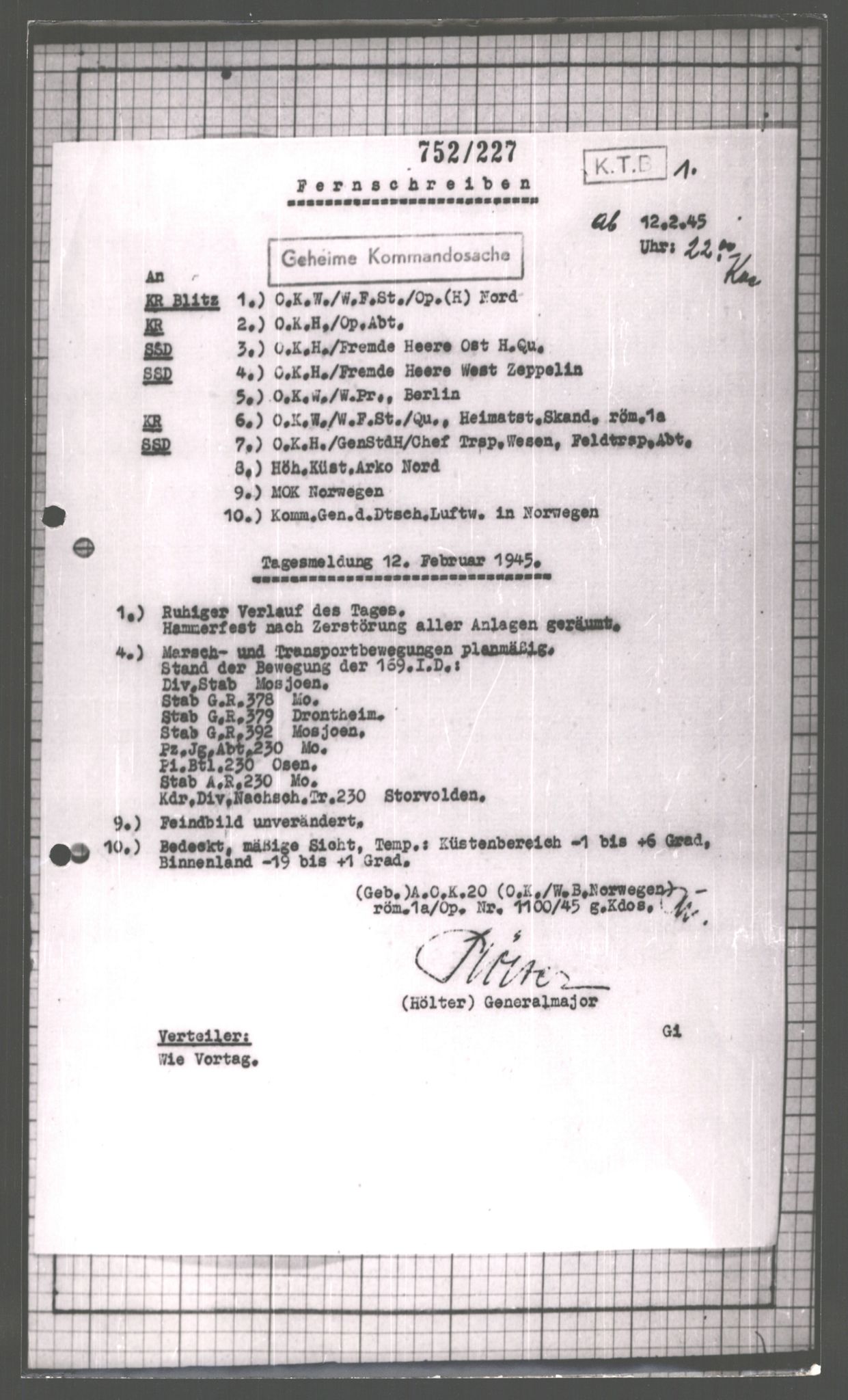 Forsvarets Overkommando. 2 kontor. Arkiv 11.4. Spredte tyske arkivsaker, AV/RA-RAFA-7031/D/Dar/Dara/L0003: Krigsdagbøker for 20. Gebirgs-Armee-Oberkommando (AOK 20), 1945, s. 18