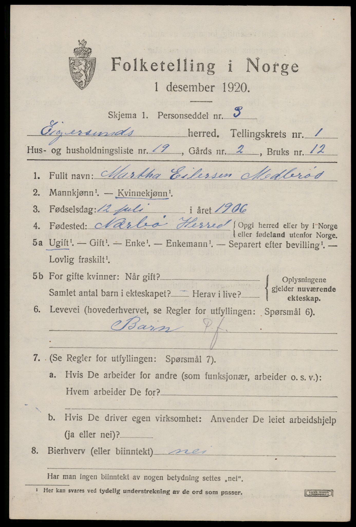 SAST, Folketelling 1920 for 1116 Eigersund herred, 1920, s. 1383