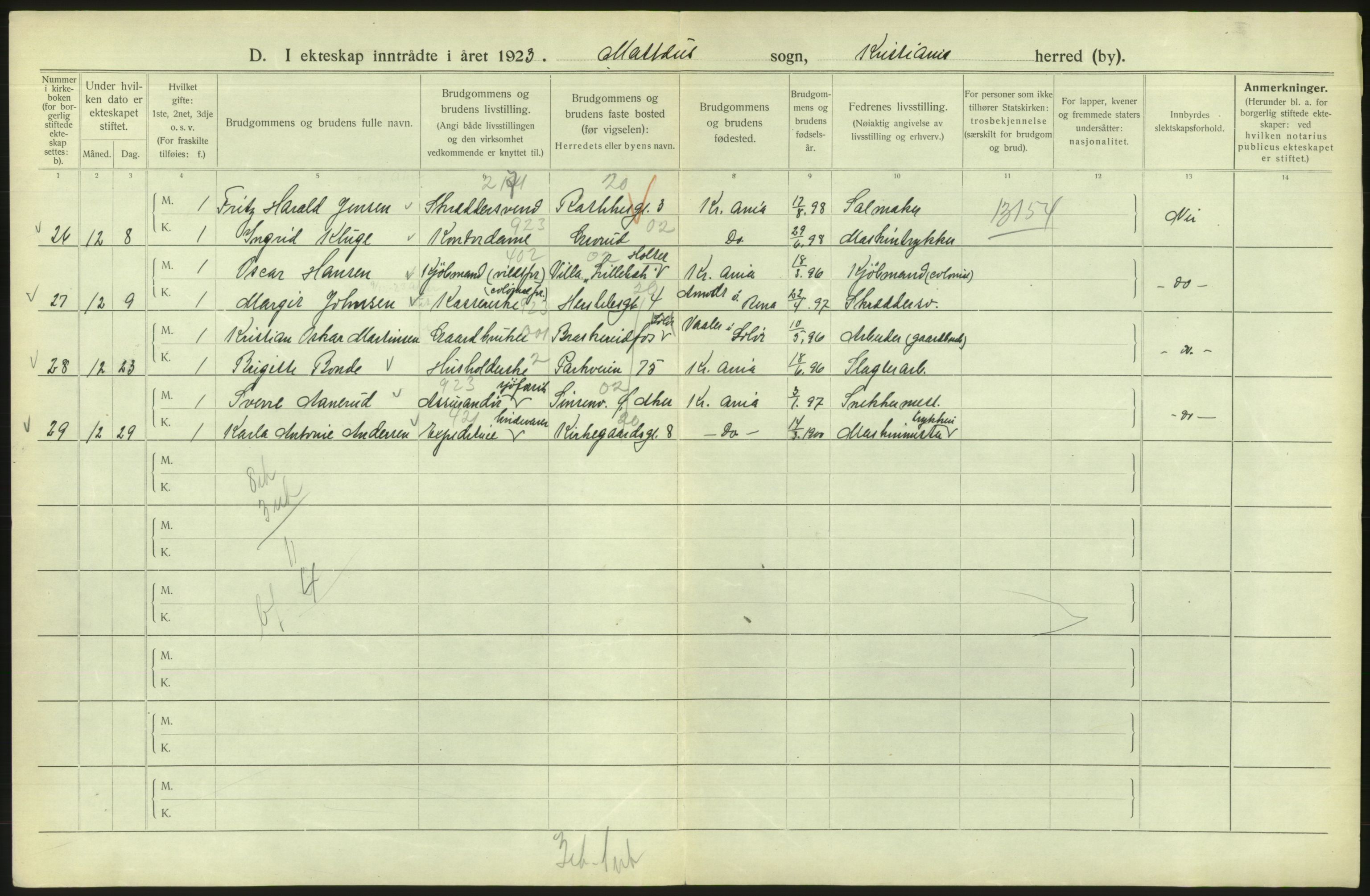 Statistisk sentralbyrå, Sosiodemografiske emner, Befolkning, AV/RA-S-2228/D/Df/Dfc/Dfcc/L0008: Kristiania: Gifte, 1923, s. 472