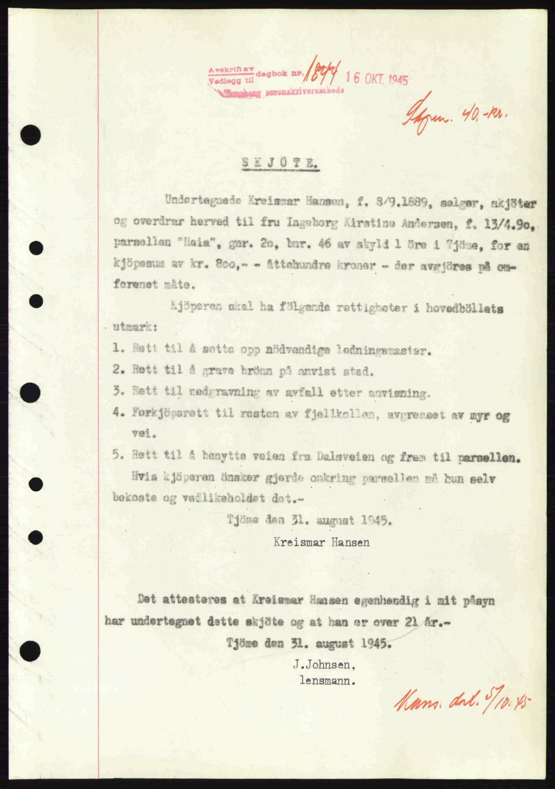 Tønsberg sorenskriveri, AV/SAKO-A-130/G/Ga/Gaa/L0017a: Pantebok nr. A17a, 1945-1945, Dagboknr: 1844/1945