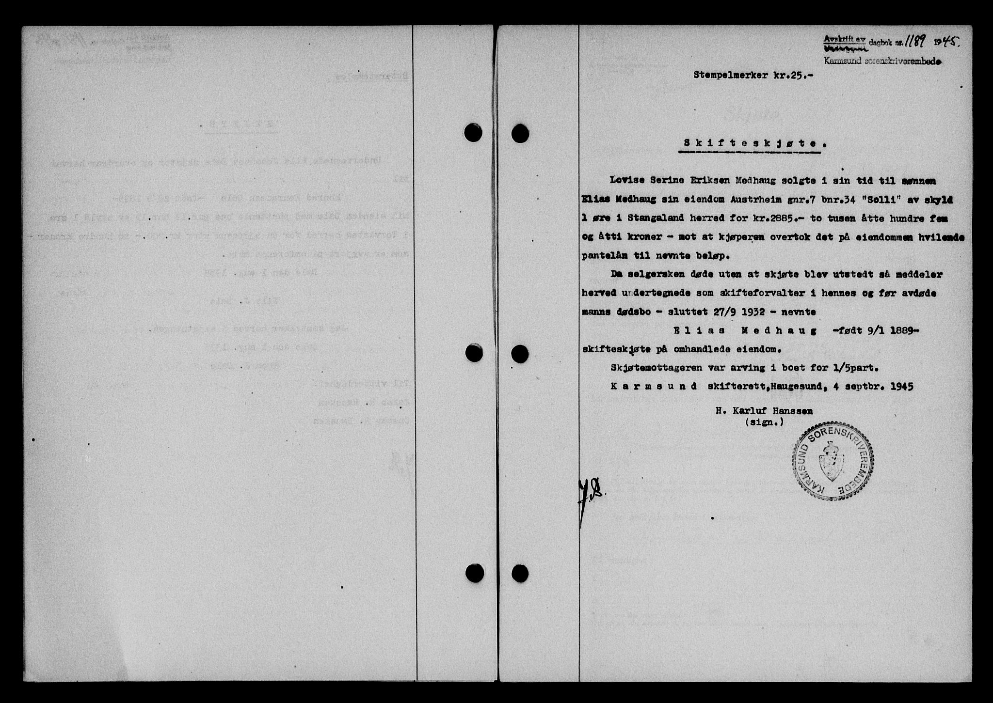 Karmsund sorenskriveri, SAST/A-100311/01/II/IIB/L0084: Pantebok nr. 65A, 1945-1946, Dagboknr: 1189/1945