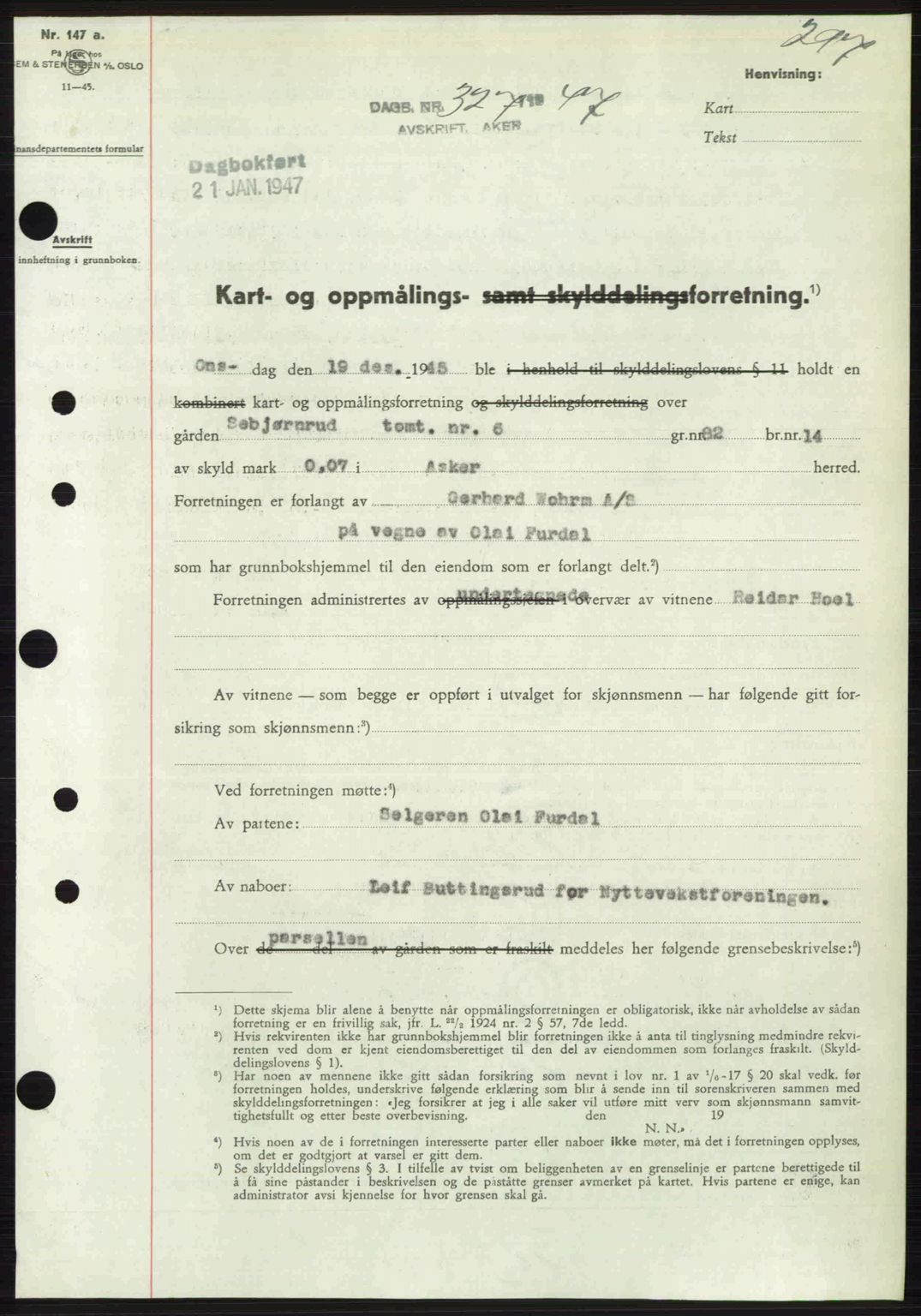 Aker herredsskriveri, AV/SAO-A-10896/G/Gb/Gbb/Gbbb/L0036: Pantebok nr. A82, 1946-1947, Dagboknr: 327/1947