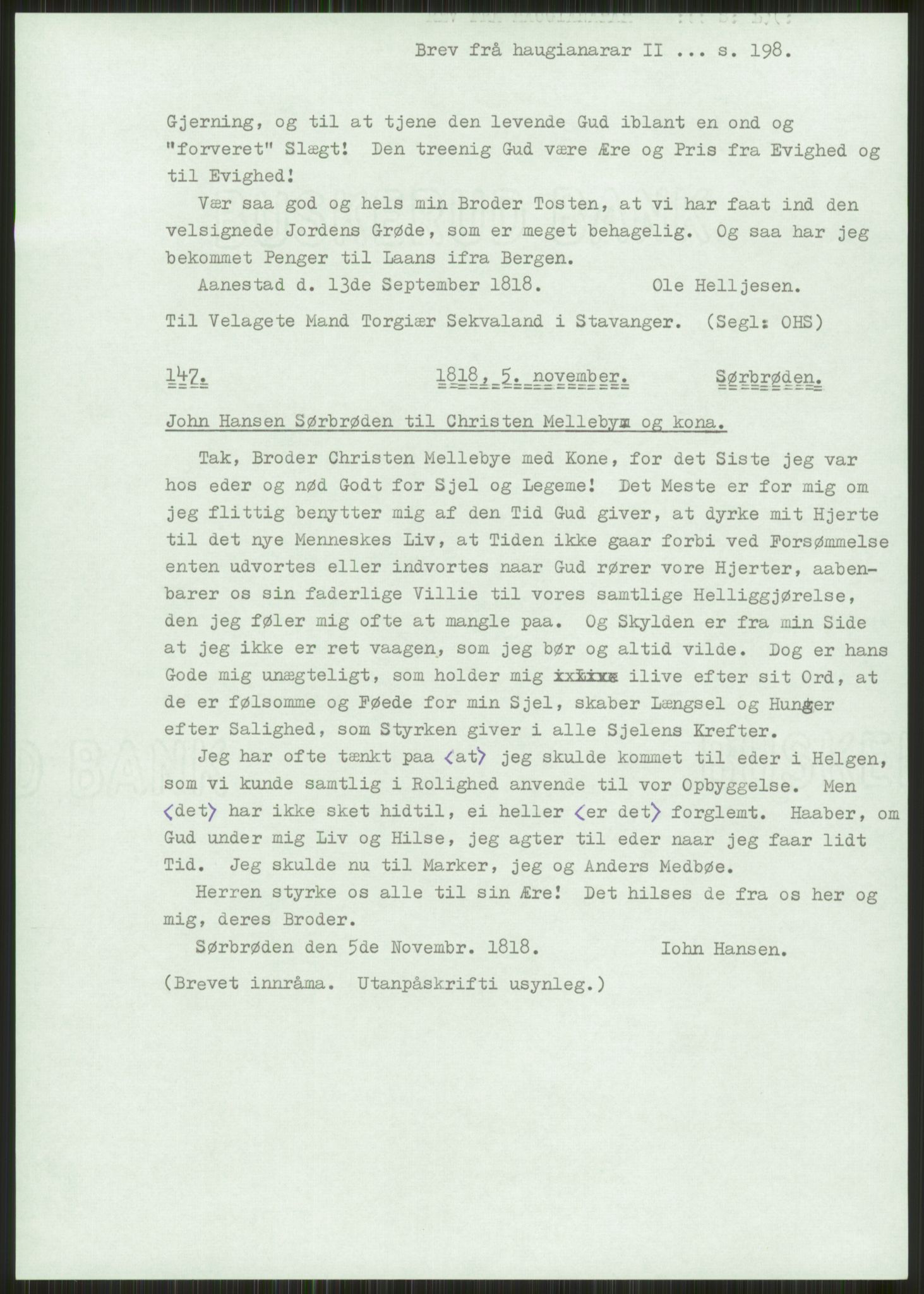 Samlinger til kildeutgivelse, Haugianerbrev, AV/RA-EA-6834/F/L0002: Haugianerbrev II: 1805-1821, 1805-1821, s. 198