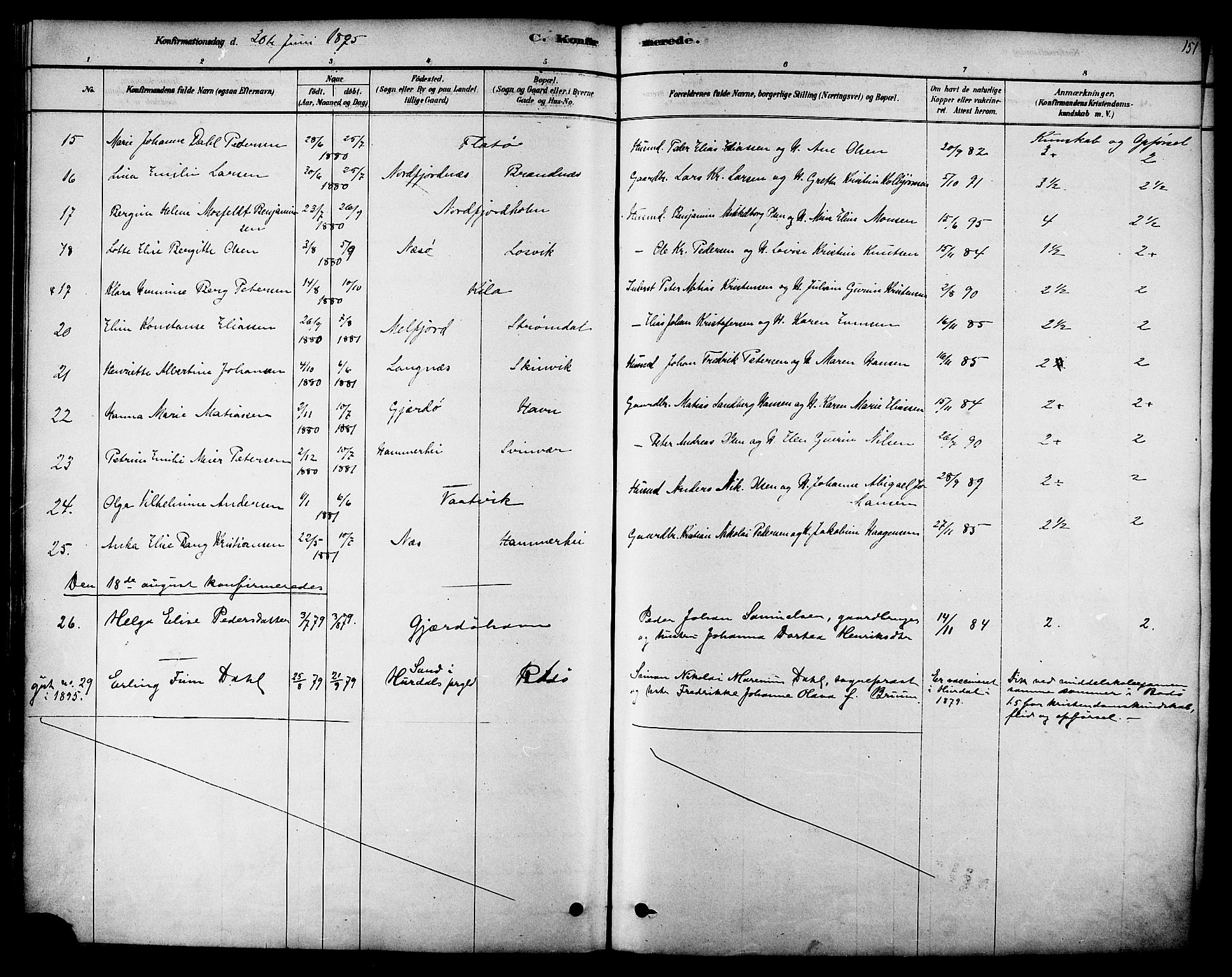 Ministerialprotokoller, klokkerbøker og fødselsregistre - Nordland, AV/SAT-A-1459/841/L0609: Ministerialbok nr. 841A12, 1878-1901, s. 151