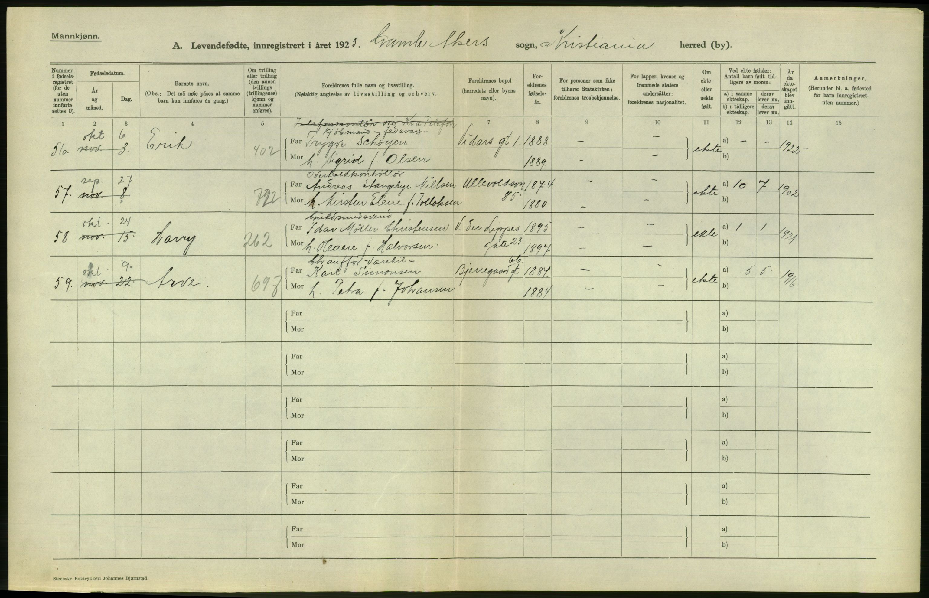 Statistisk sentralbyrå, Sosiodemografiske emner, Befolkning, AV/RA-S-2228/D/Df/Dfc/Dfcc/L0006: Kristiania: Levendefødte menn og kvinner., 1923, s. 22