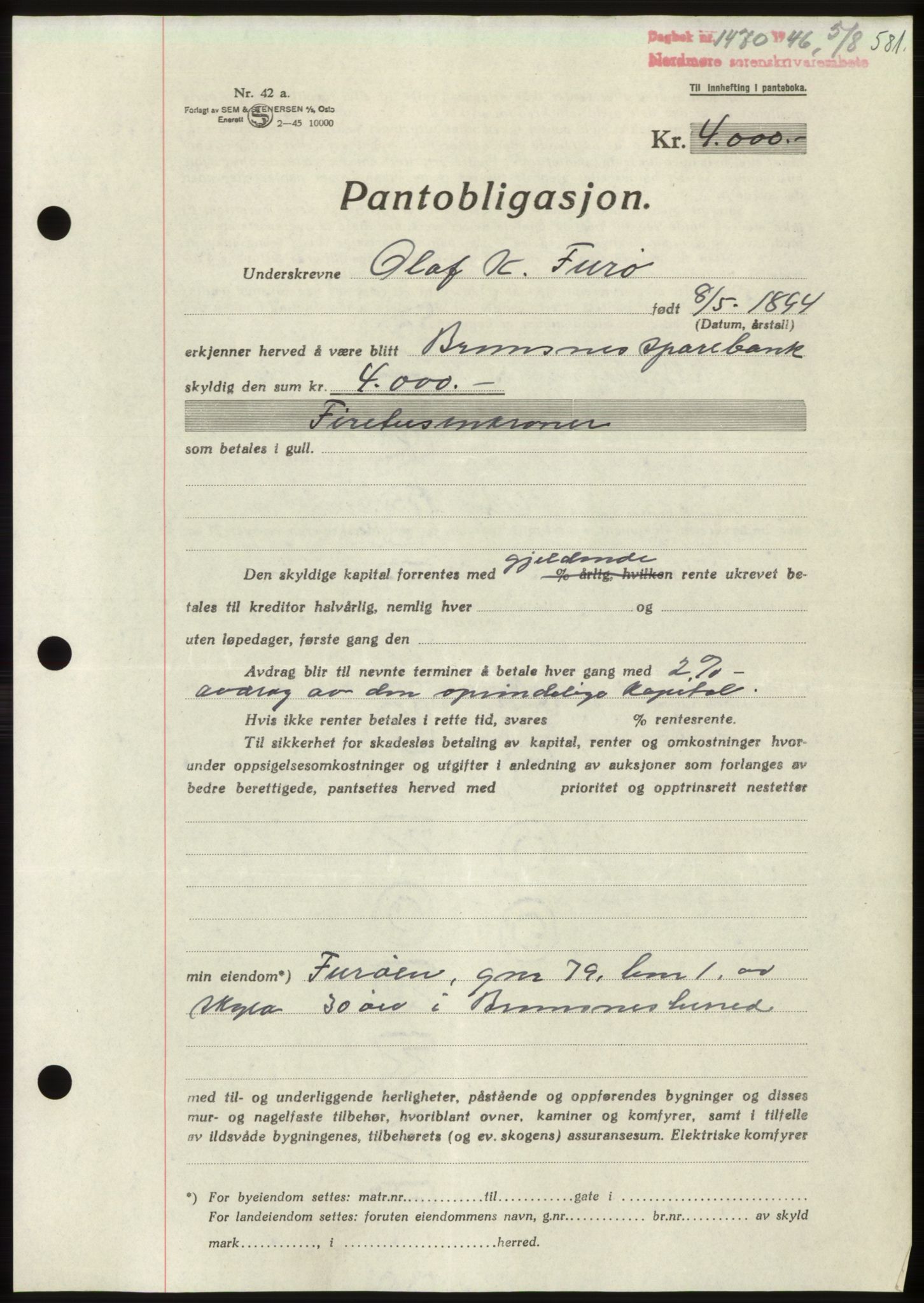 Nordmøre sorenskriveri, SAT/A-4132/1/2/2Ca: Pantebok nr. B94, 1946-1946, Dagboknr: 1470/1946