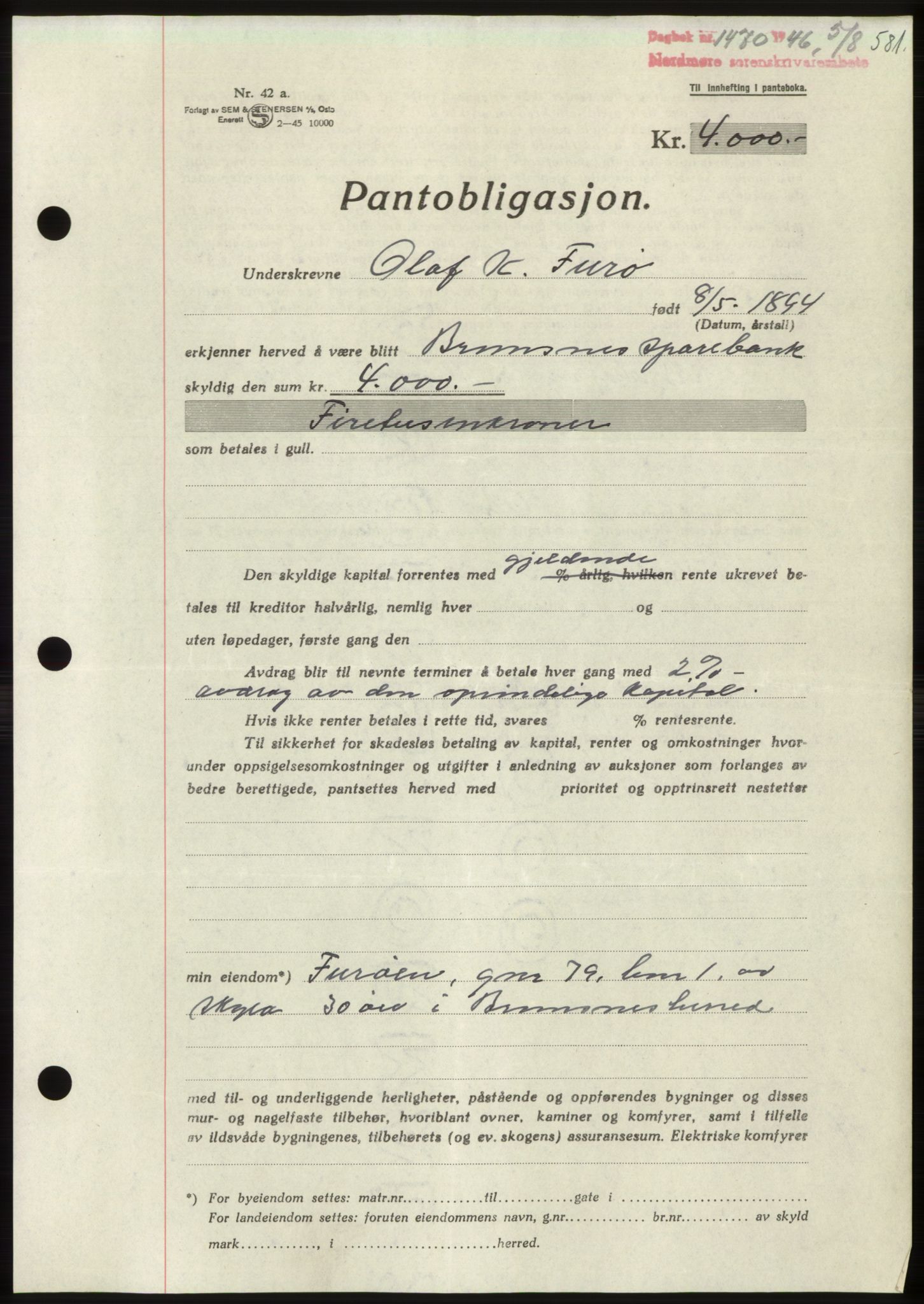 Nordmøre sorenskriveri, AV/SAT-A-4132/1/2/2Ca: Pantebok nr. B94, 1946-1946, Dagboknr: 1470/1946