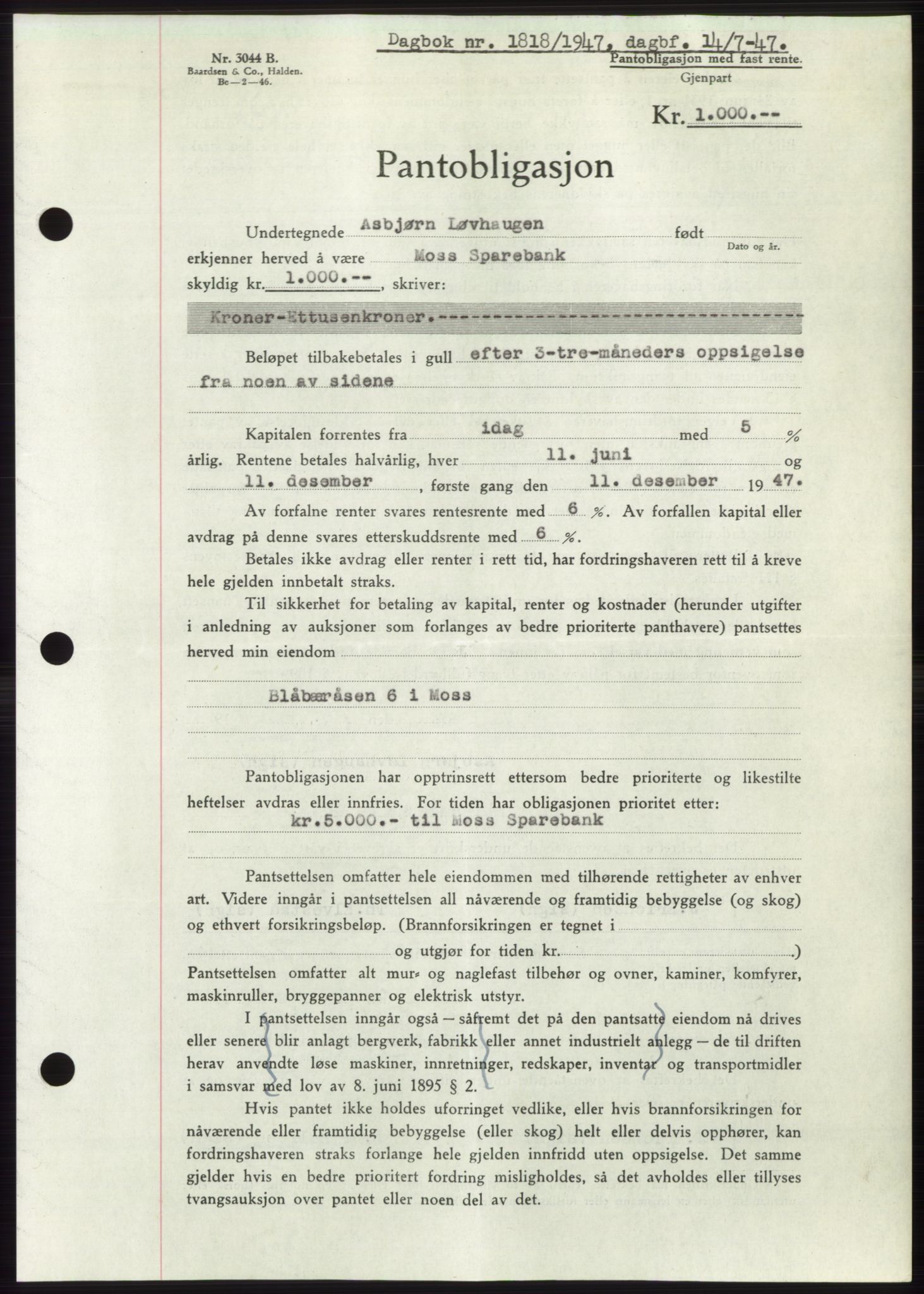 Moss sorenskriveri, SAO/A-10168: Pantebok nr. B17, 1947-1947, Dagboknr: 1818/1947