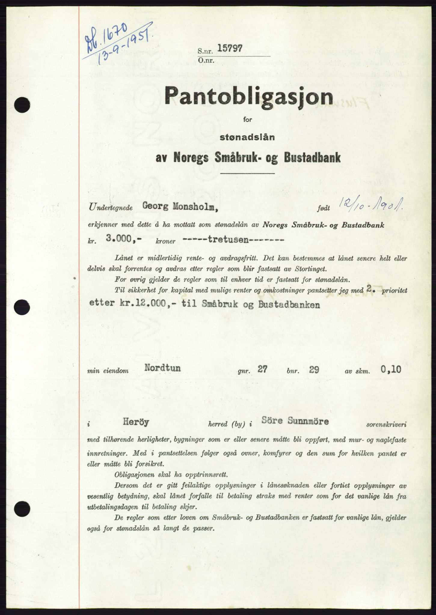 Søre Sunnmøre sorenskriveri, SAT/A-4122/1/2/2C/L0120: Pantebok nr. 8B, 1951-1951, Dagboknr: 1670/1951