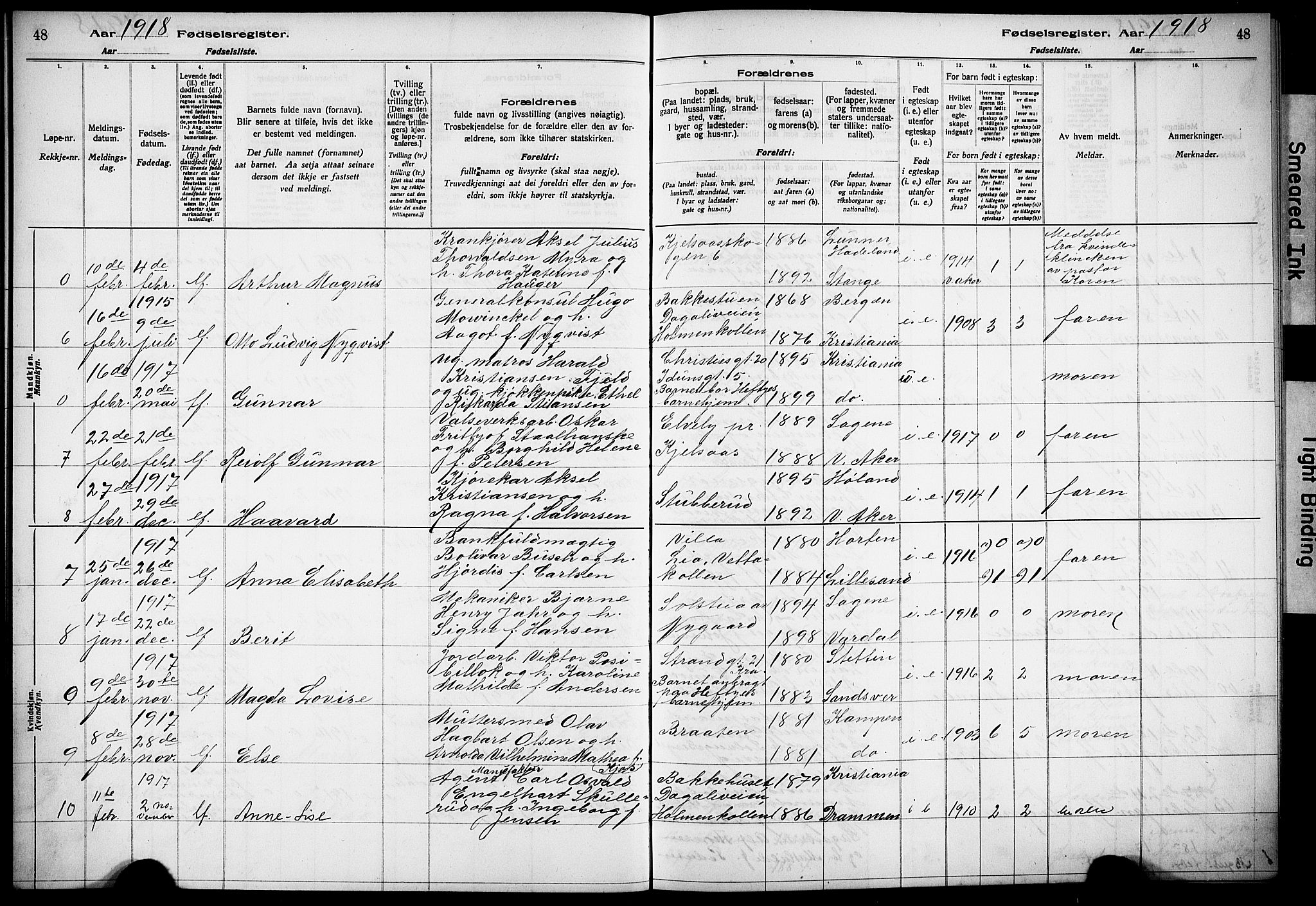 Vestre Aker prestekontor Kirkebøker, SAO/A-10025/J/Ja/L0001: Fødselsregister nr. 1, 1916-1922, s. 48