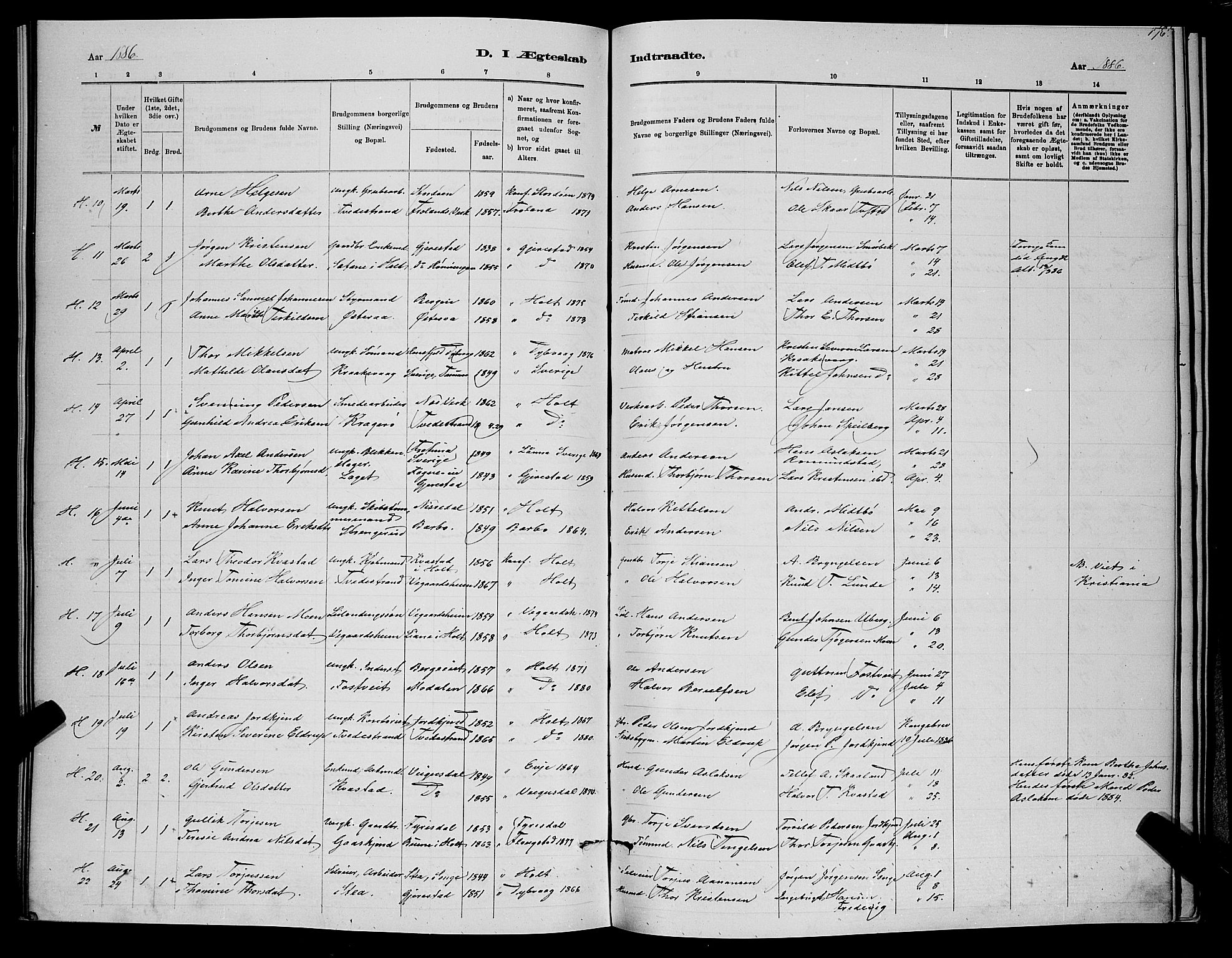 Holt sokneprestkontor, SAK/1111-0021/F/Fb/L0010: Klokkerbok nr. B 10, 1883-1896, s. 176