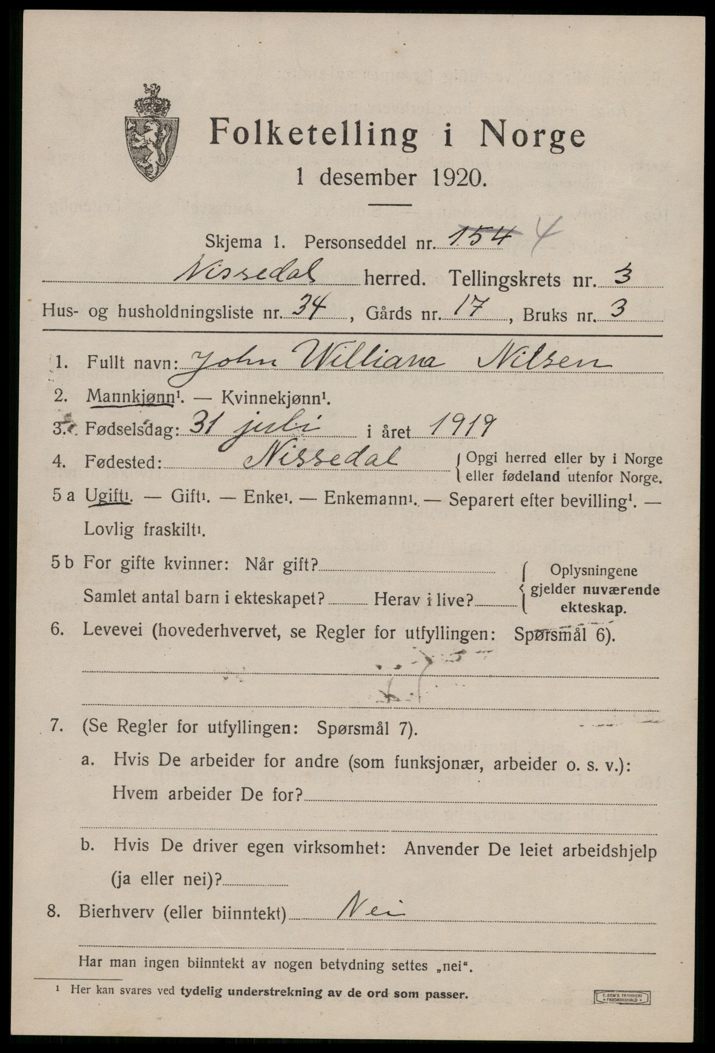 SAKO, Folketelling 1920 for 0830 Nissedal herred, 1920, s. 1803