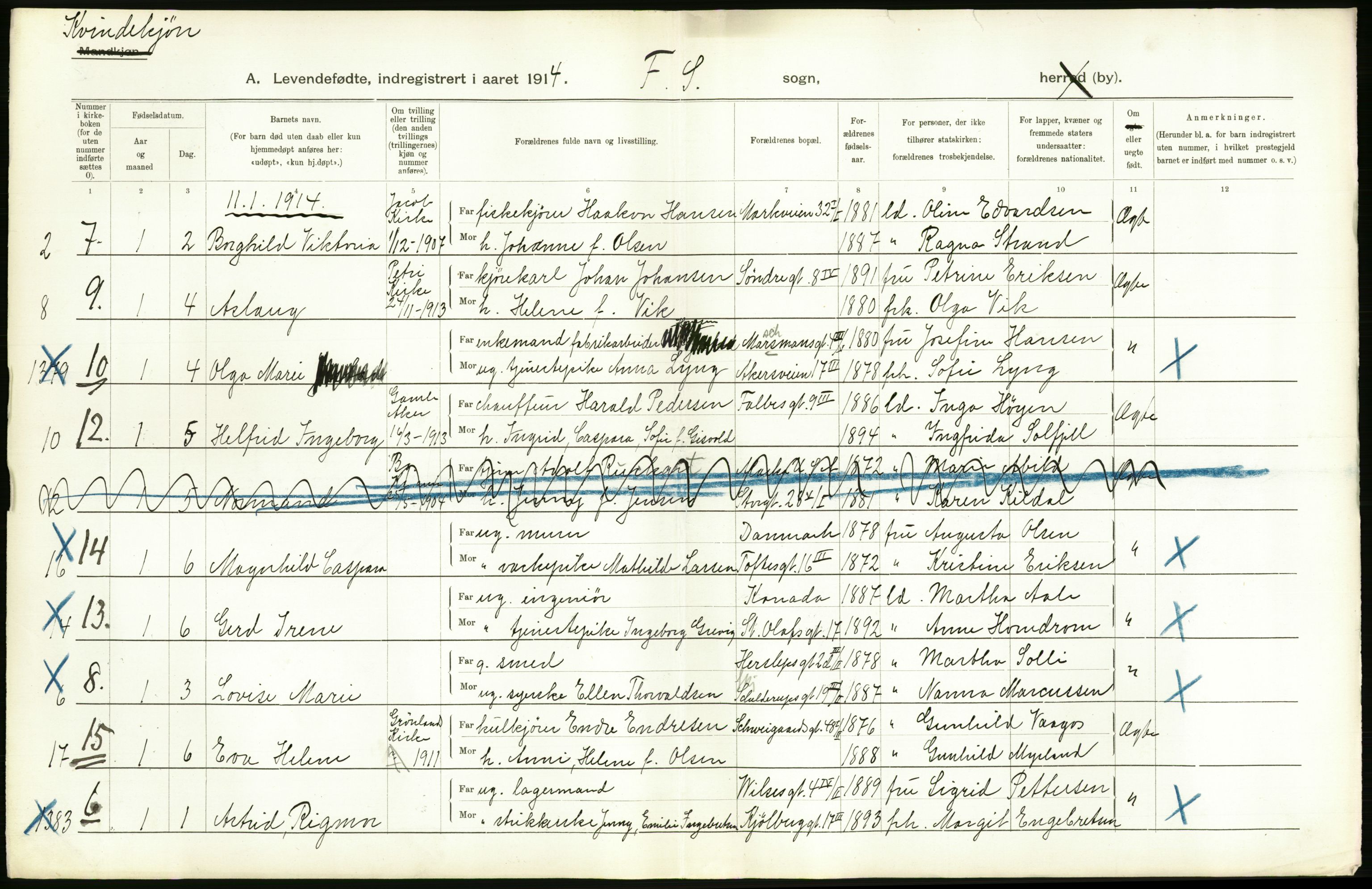 Statistisk sentralbyrå, Sosiodemografiske emner, Befolkning, AV/RA-S-2228/D/Df/Dfb/Dfbd/L0005: Kristiania: Levendefødte menn og kvinner., 1914, s. 366