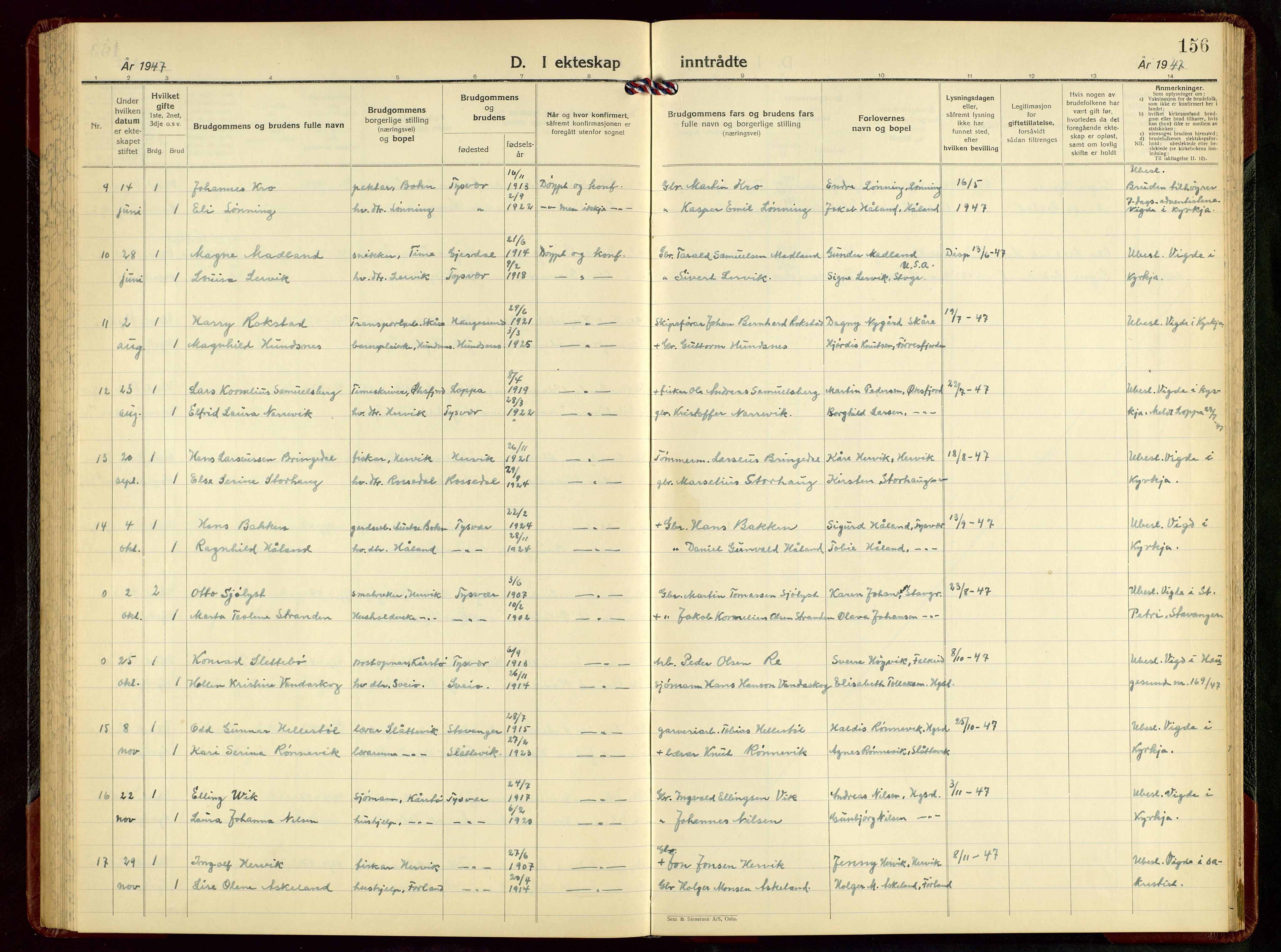 Tysvær sokneprestkontor, AV/SAST-A -101864/H/Ha/Hab/L0008: Klokkerbok nr. B 8, 1947-1957, s. 156