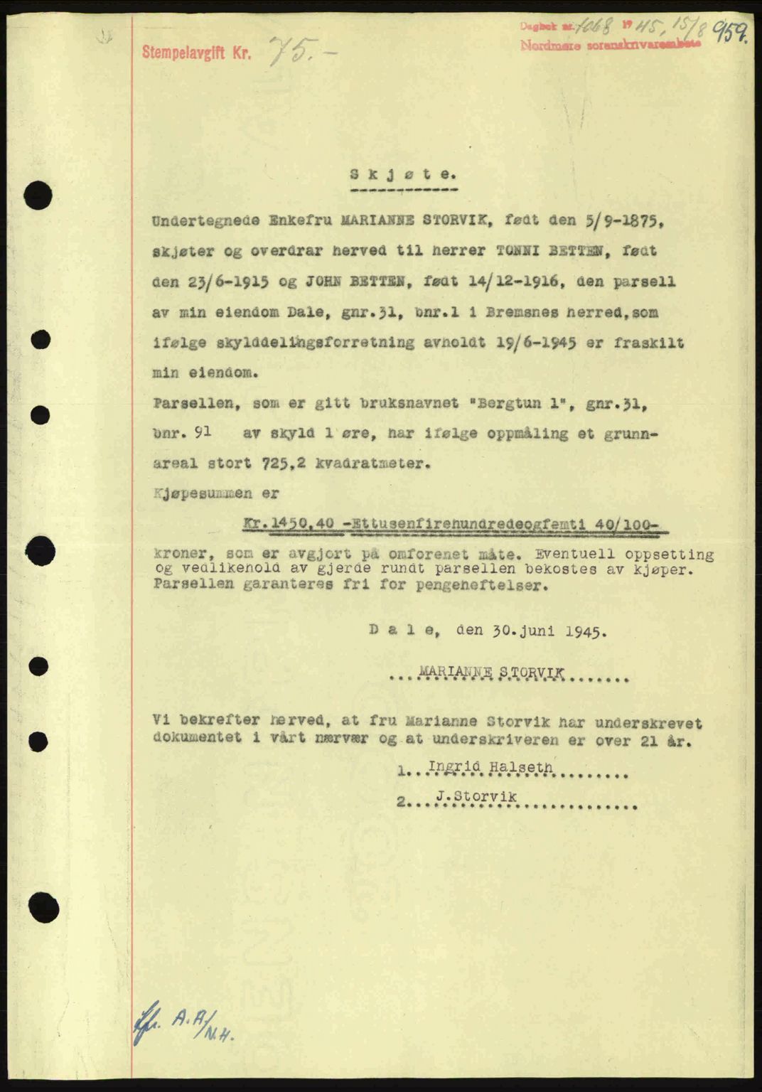 Nordmøre sorenskriveri, SAT/A-4132/1/2/2Ca: Pantebok nr. A99, 1945-1945, Dagboknr: 1068/1945