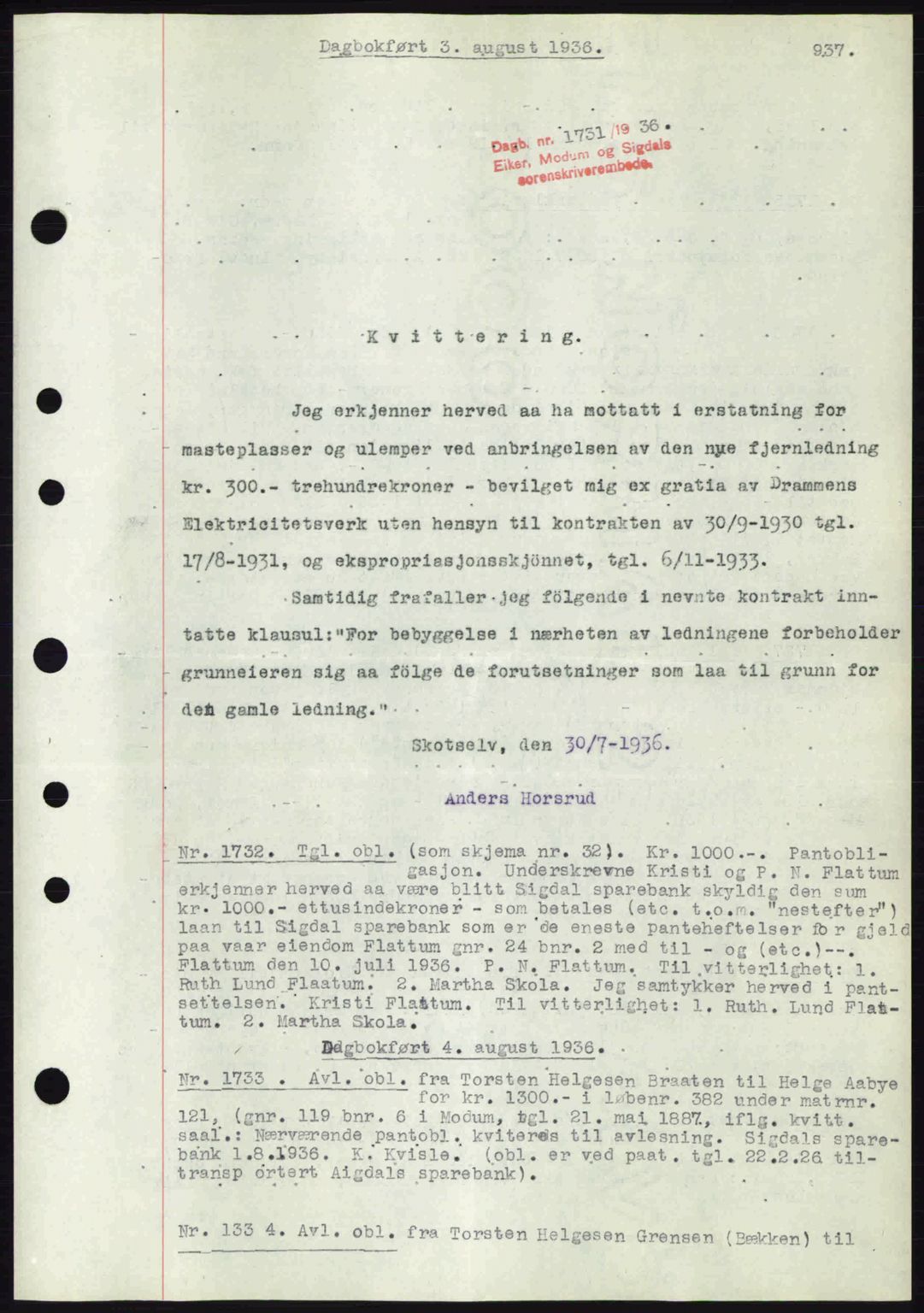 Eiker, Modum og Sigdal sorenskriveri, SAKO/A-123/G/Ga/Gab/L0032: Pantebok nr. A2, 1936-1936, Dagboknr: 1731/1936